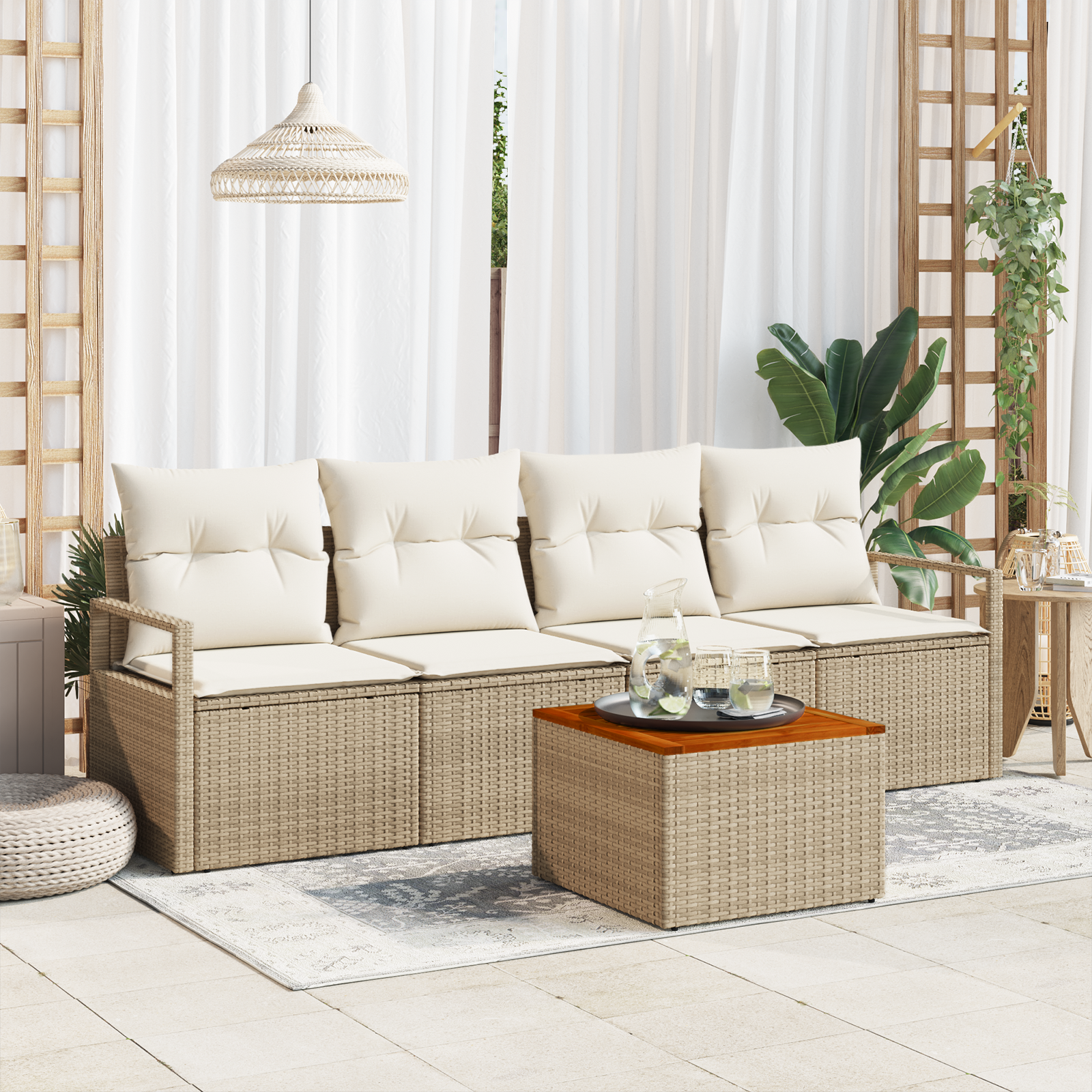 5 Piece Garden Sofa Set with Cushions Beige Poly Rattan Acacia