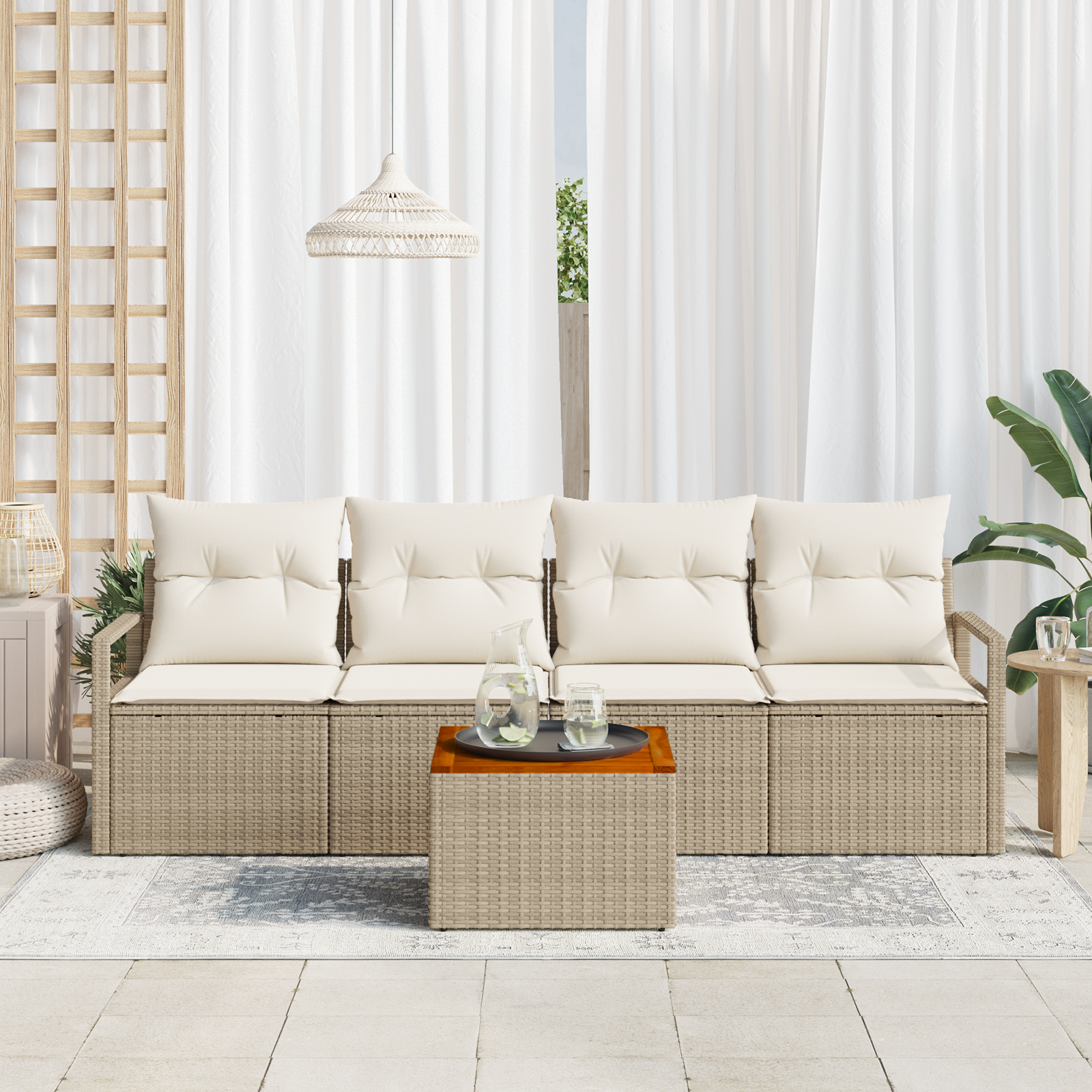 5 Piece Garden Sofa Set with Cushions Beige Poly Rattan Acacia - Image 3