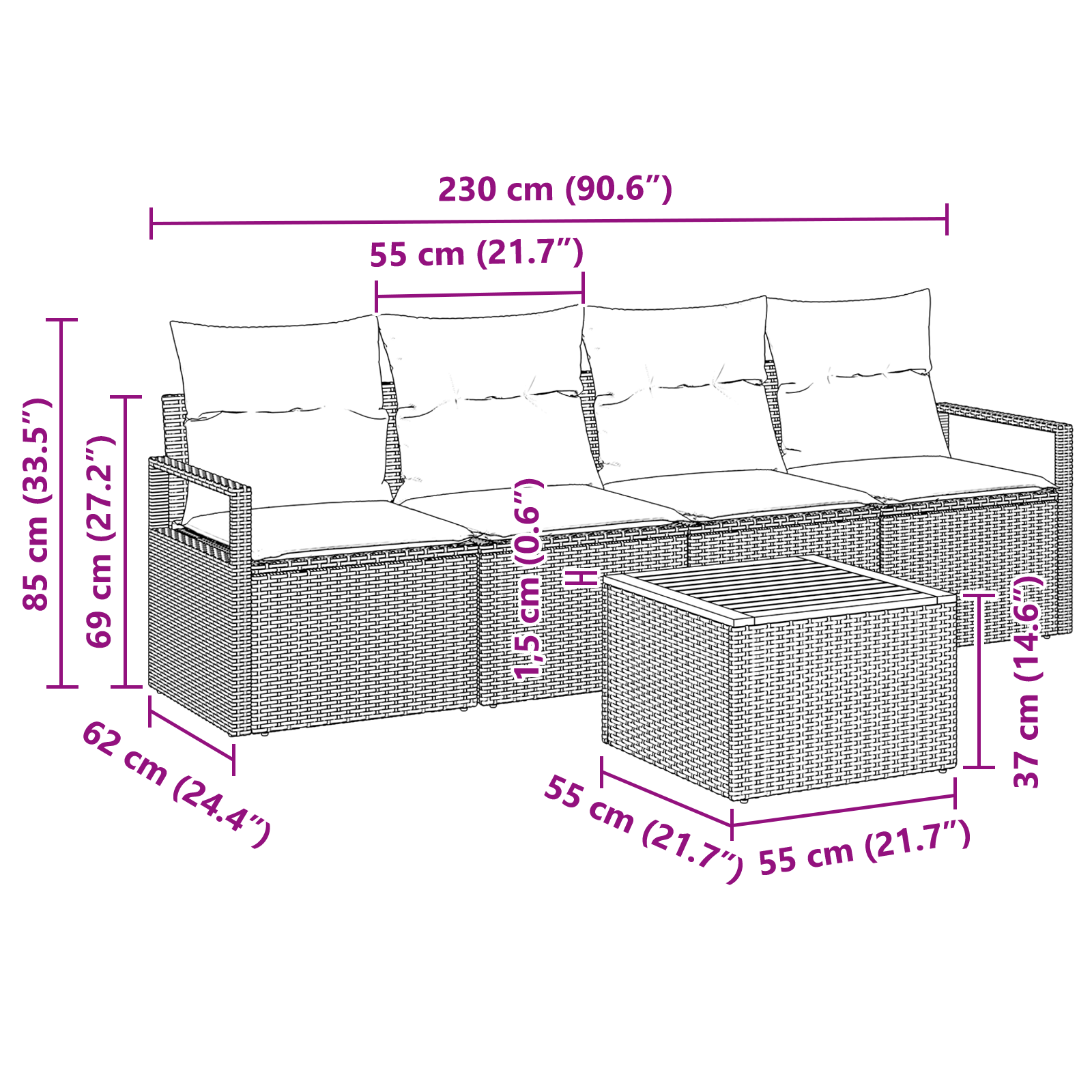 5 Piece Garden Sofa Set with Cushions Beige Poly Rattan Acacia - Image 11