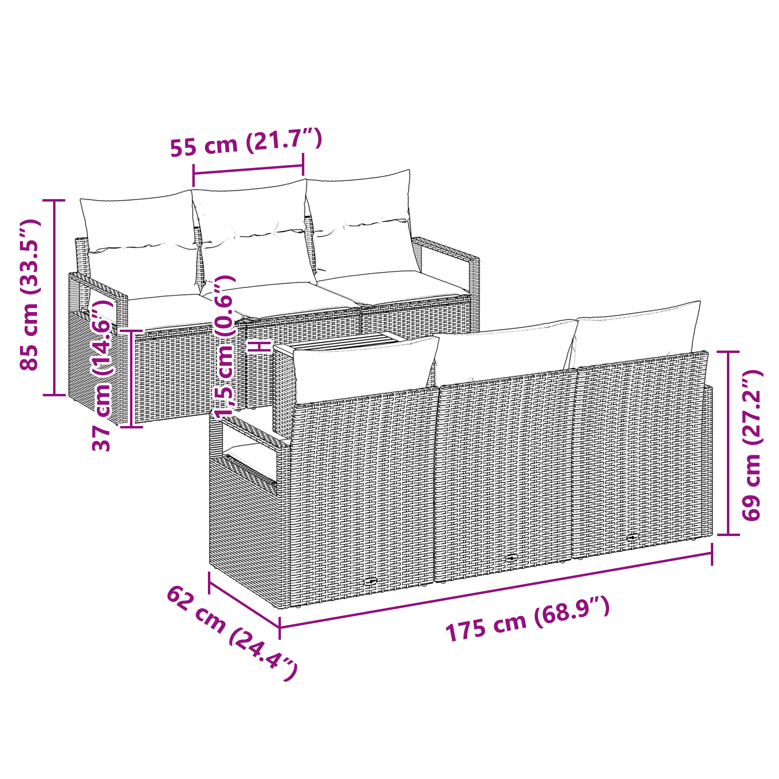 7 частен градински диван комплект с възглавници Черен Полиратан Акация - Image 11