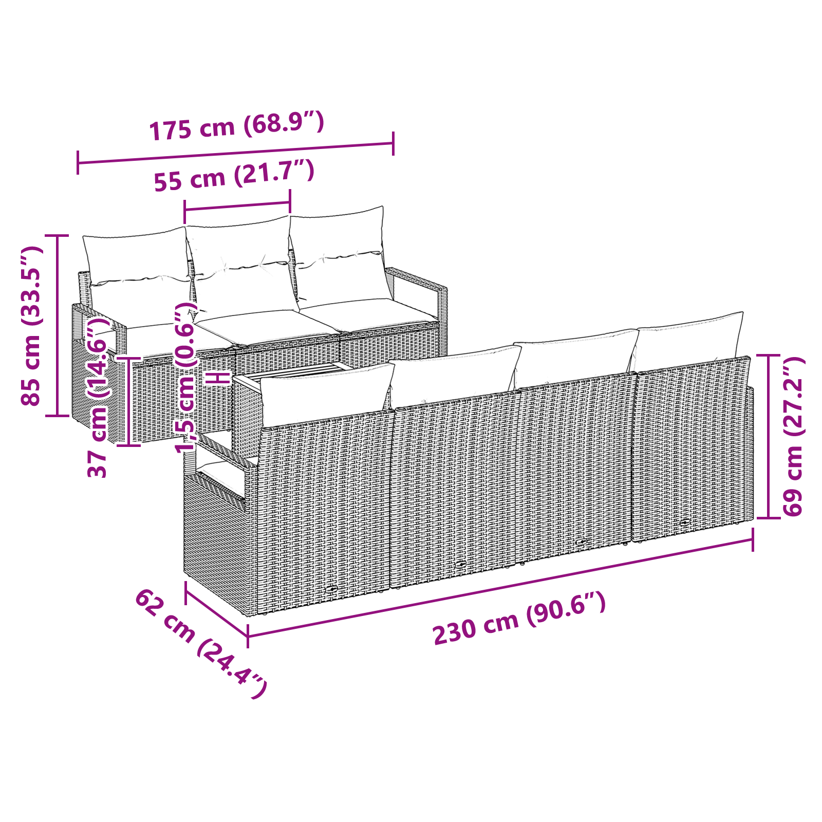 8 части градински диван с възглавници в бежово поли ратан акация, vidaXL 2-местен градински диван със съхранение и възглавници в бежово поли ратан - Image 11
