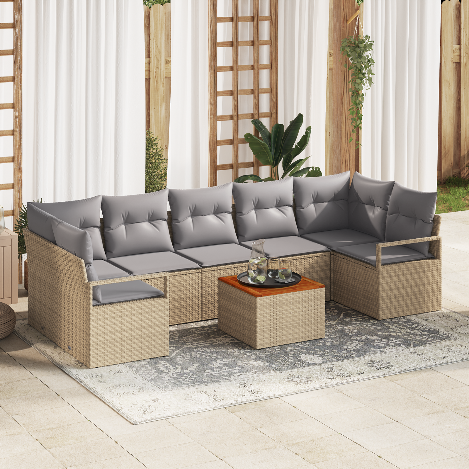 8 Piece Garden Sofa Set with Cushions Beige Poly Rattan Acacia