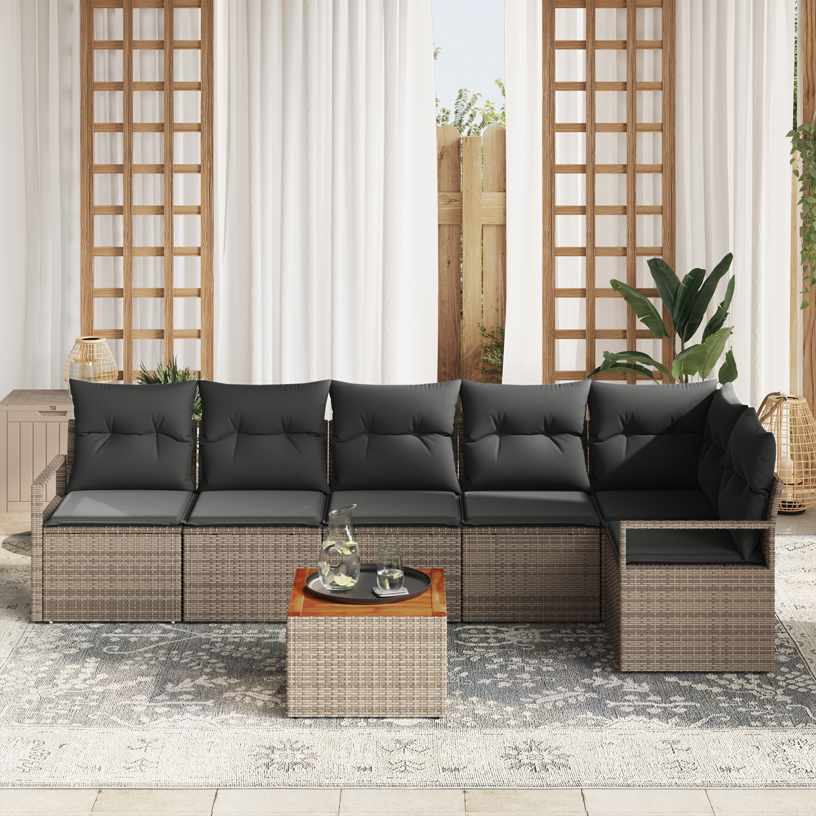 Комплект градински дивани vidaXL от 7 части с възглавници сив полиратан акация, Диван за градина vidaXL за 2-ма с хранилище и възглавници сив полиратан - Image 3