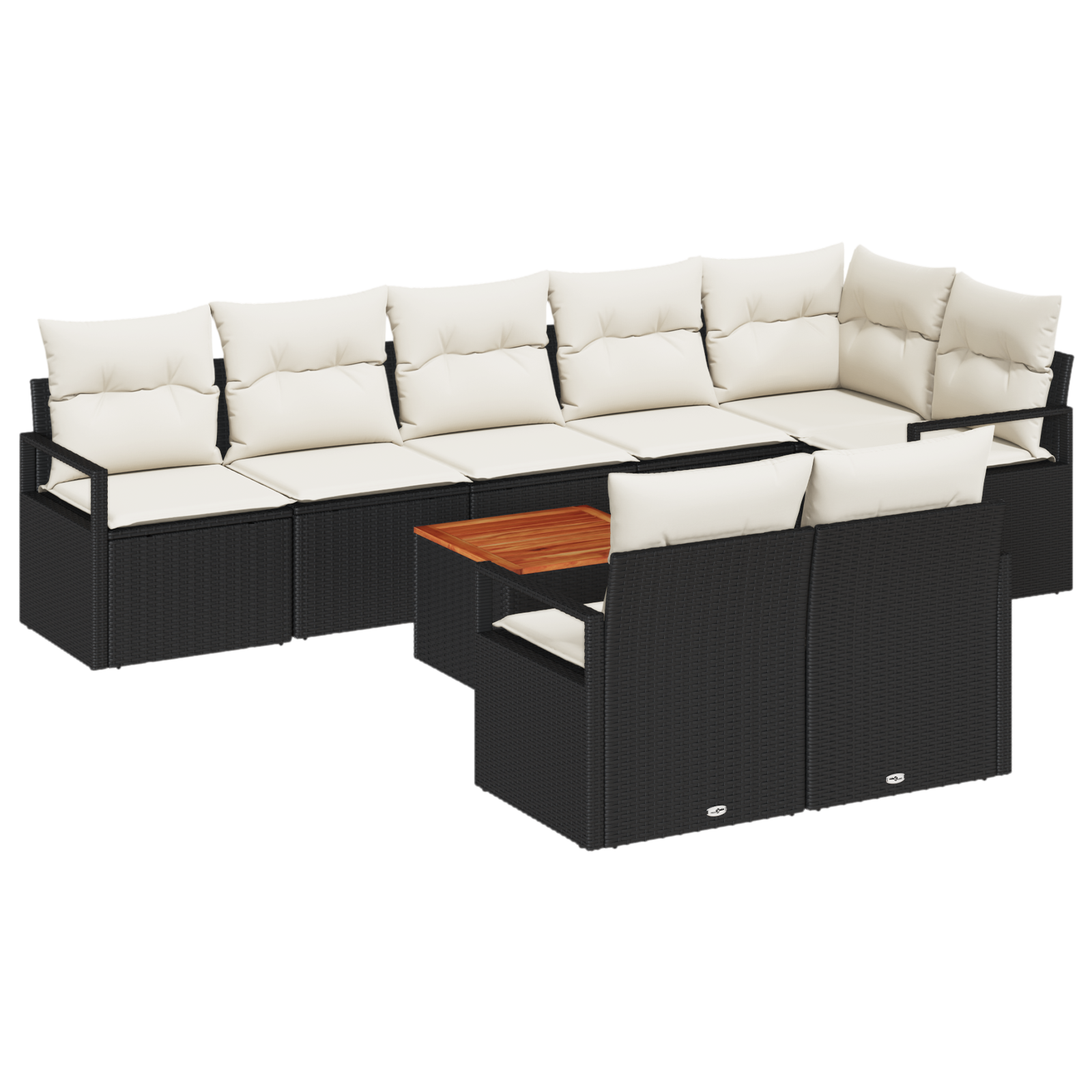 9 частен градински диван комплект с възглавници Черен полиротан, Акация, vidaXL 2-местен градински диван с място за съхранение и възглавници Черен полиротан - Image 2