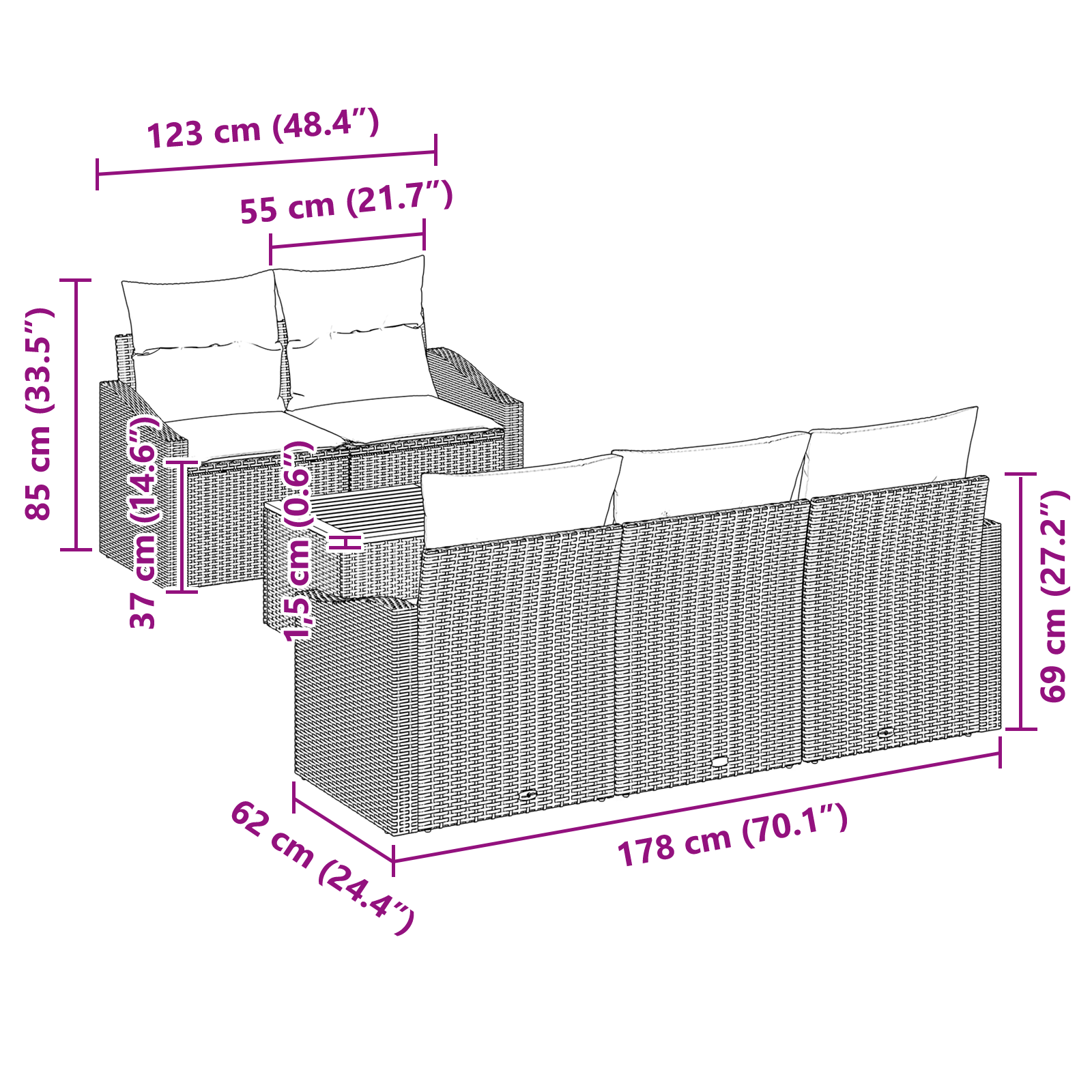 Комплект градински дивани от 6 части с възглавници Сив Полиестерен ратан Акация - Image 11