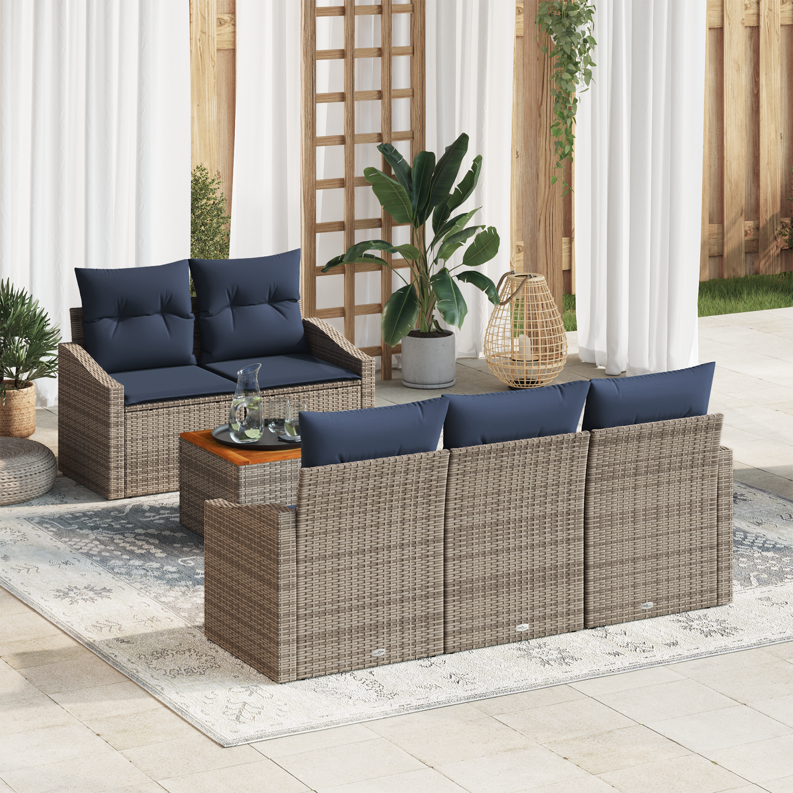 Tuinbankenset met opslag 6 pcs Grijs en Marineblauw poly rattan - Afbeelding 2