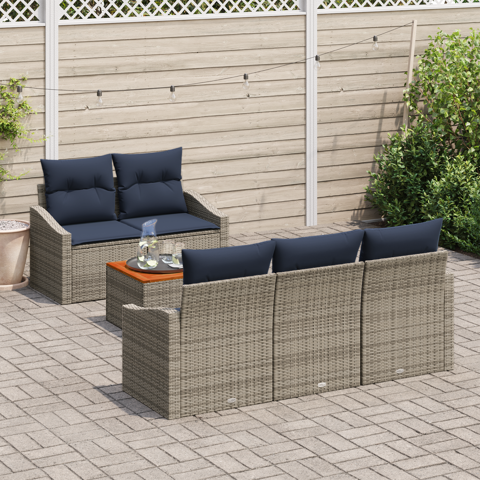 Tuinbankenset met opslag 6 pcs Grijs en Marineblauw poly rattan - Afbeelding 3