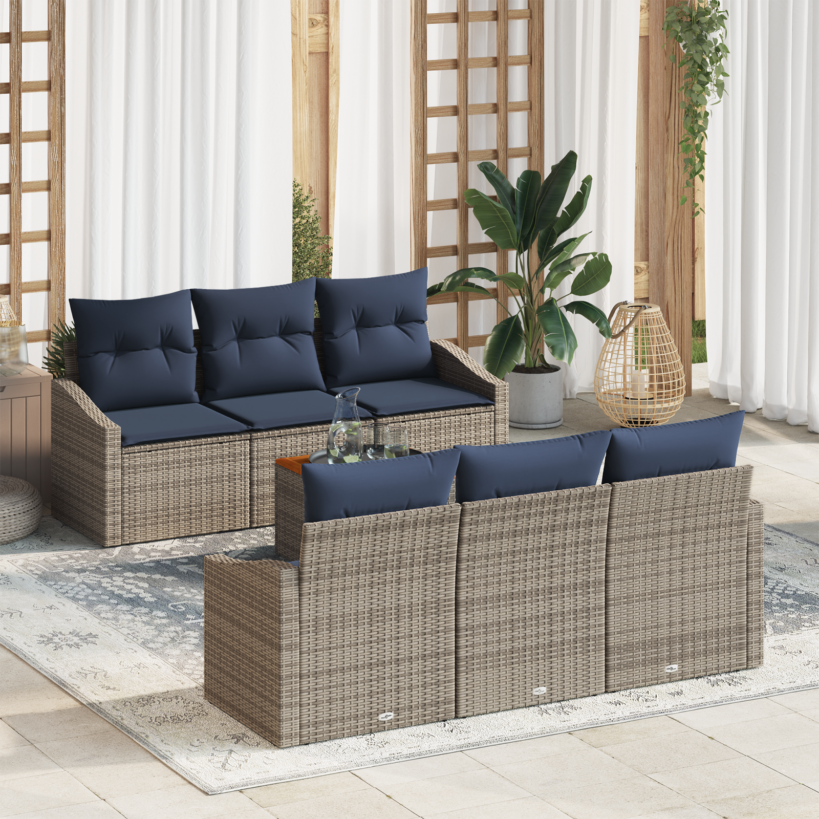 Tuinbankenset met opslag 7 pcs Grijs en Marineblauw poly rattan - Afbeelding 2