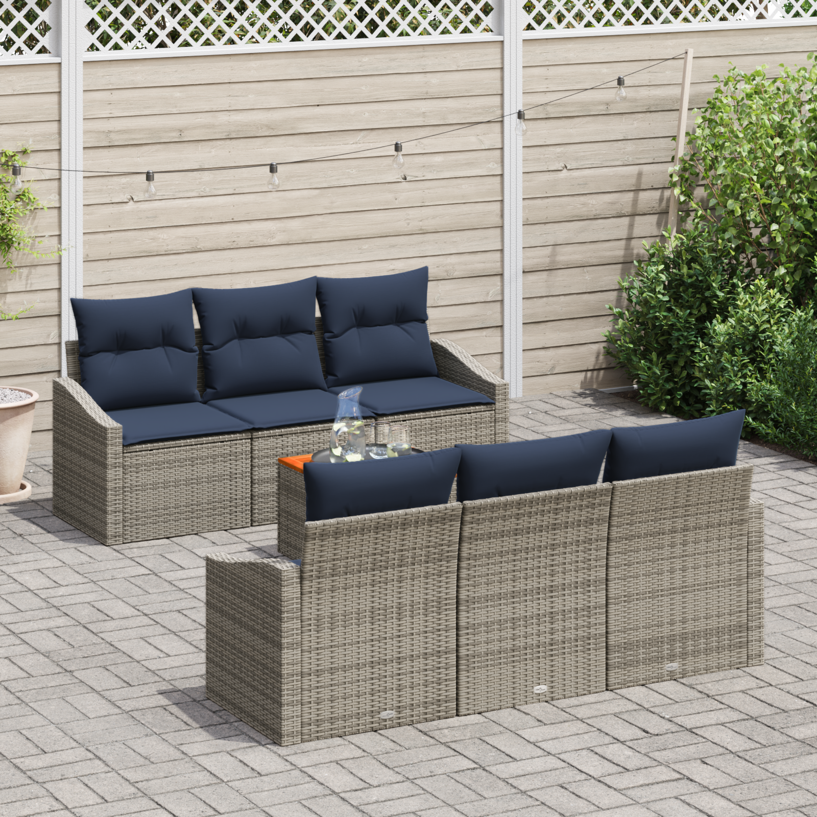 Tuinbankenset met opslag 7 pcs Grijs en Marineblauw poly rattan - Afbeelding 3