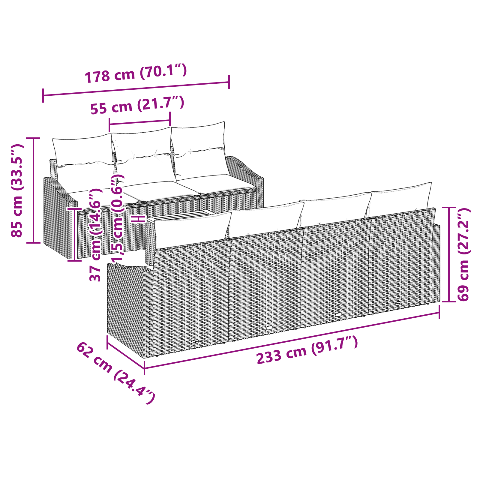 8-частов градински диван комплект с възглавници черен полиратан акация - Image 11