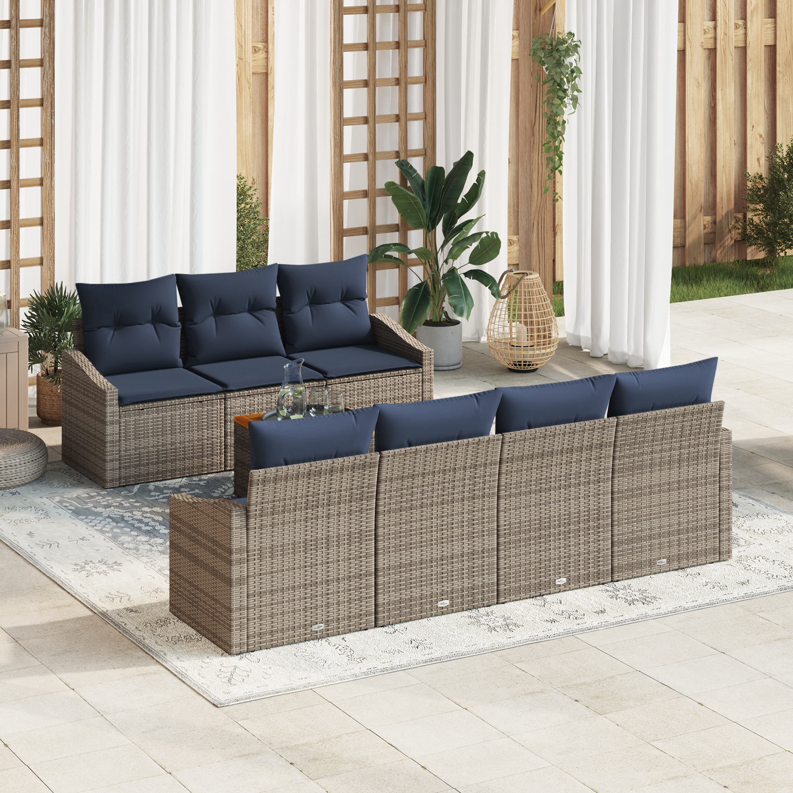 Tuinbankenset met opslag 8 pcs Grijs en Marineblauw poly rattan - Afbeelding 2