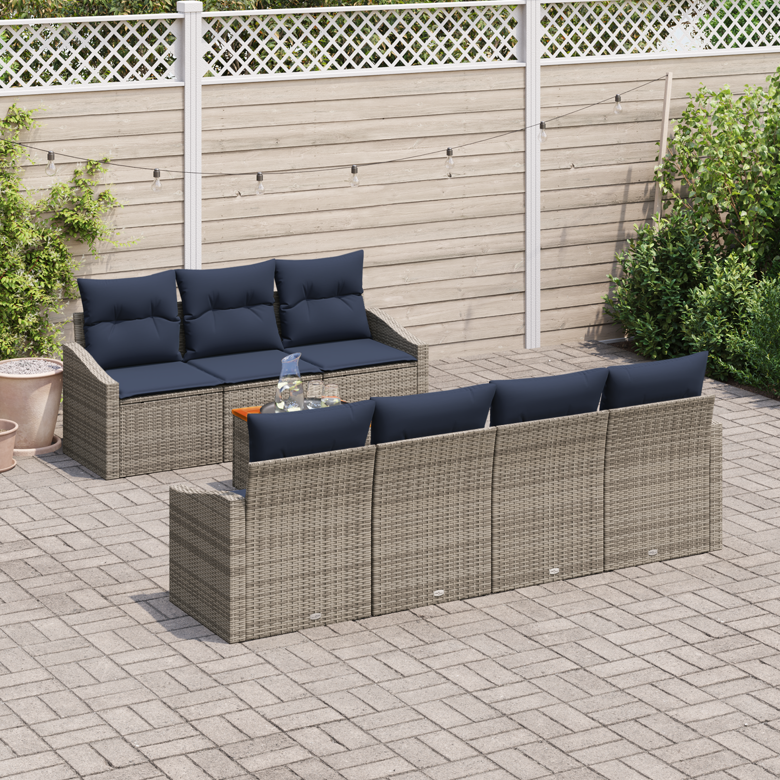 Tuinbankenset met opslag 8 pcs Grijs en Marineblauw poly rattan - Afbeelding 3