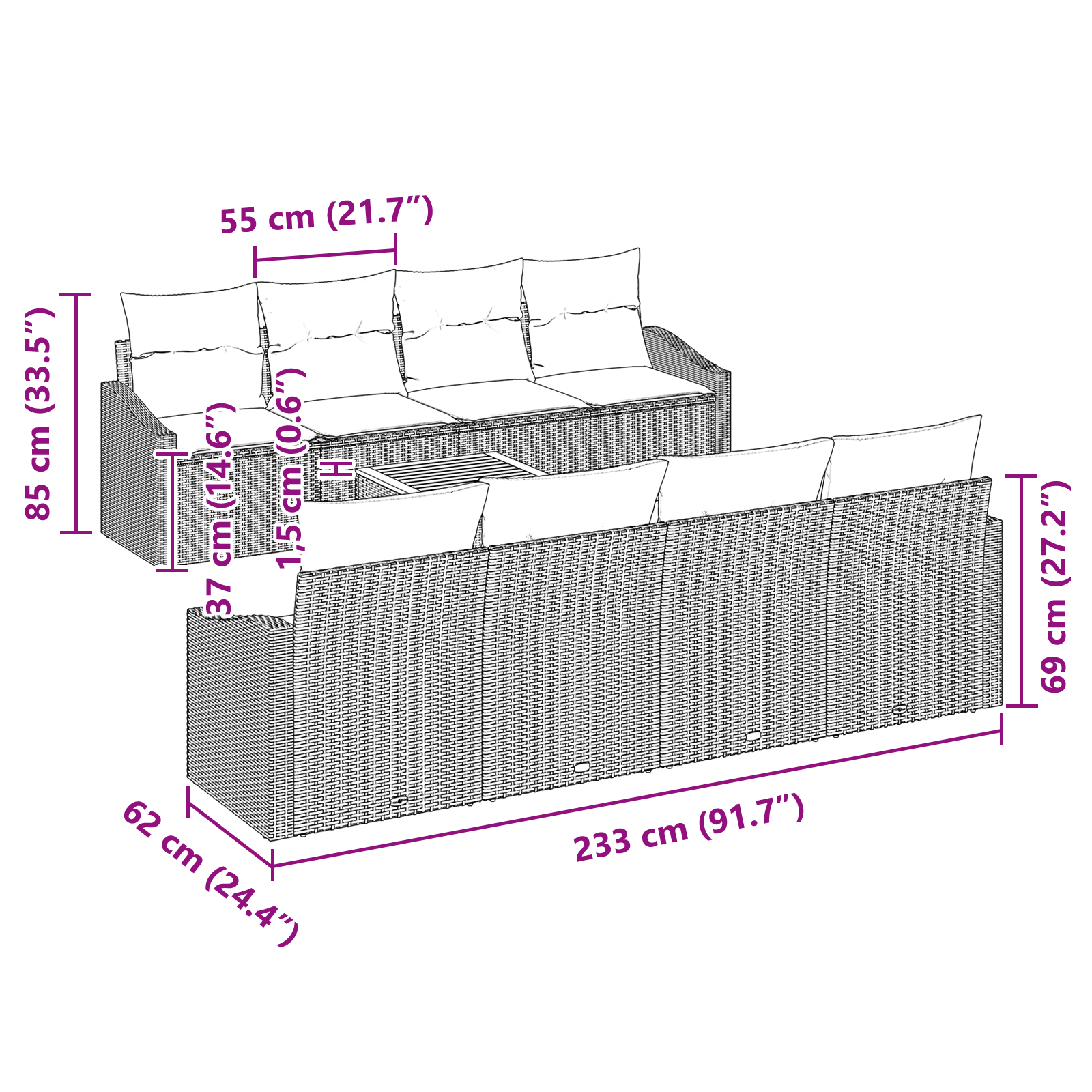 7-местен градински диван комплект с възглавници Черно Полирано ратан Акация - Image 11