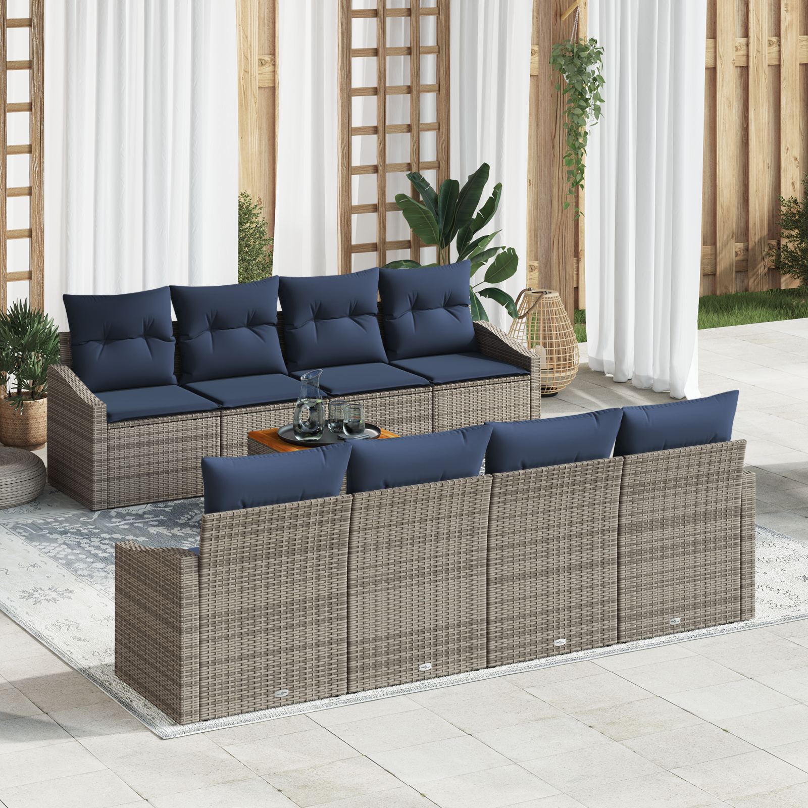 Tuinbankenset met opslag 9 pcs Grijs en Marineblauw poly rattan - Afbeelding 2