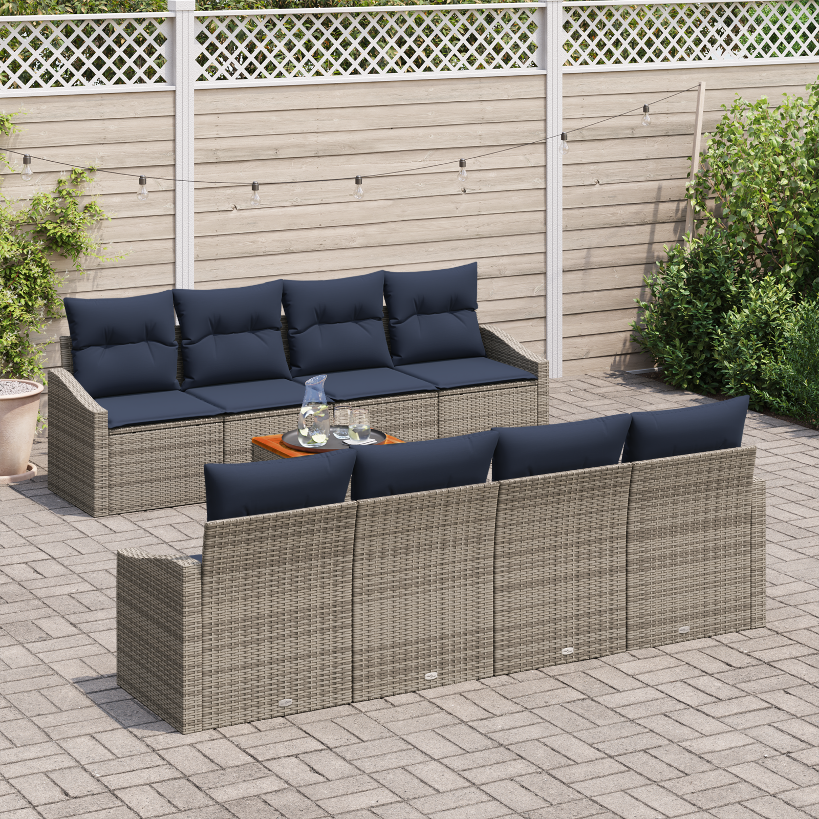 Tuinbankenset met opslag 9 pcs Grijs en Marineblauw poly rattan - Afbeelding 3