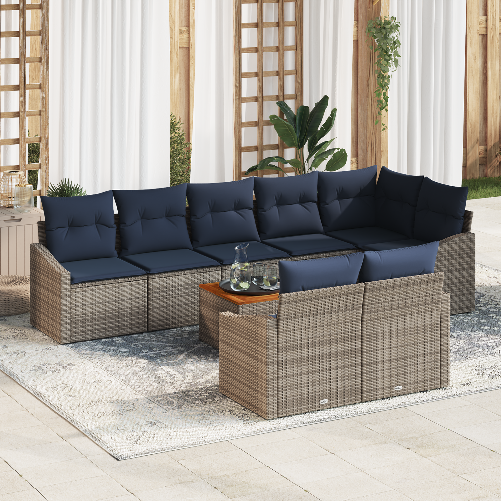 Tuinbankenset met opslag 9 pcs Grijs en Marineblauw poly rattan - Afbeelding 2