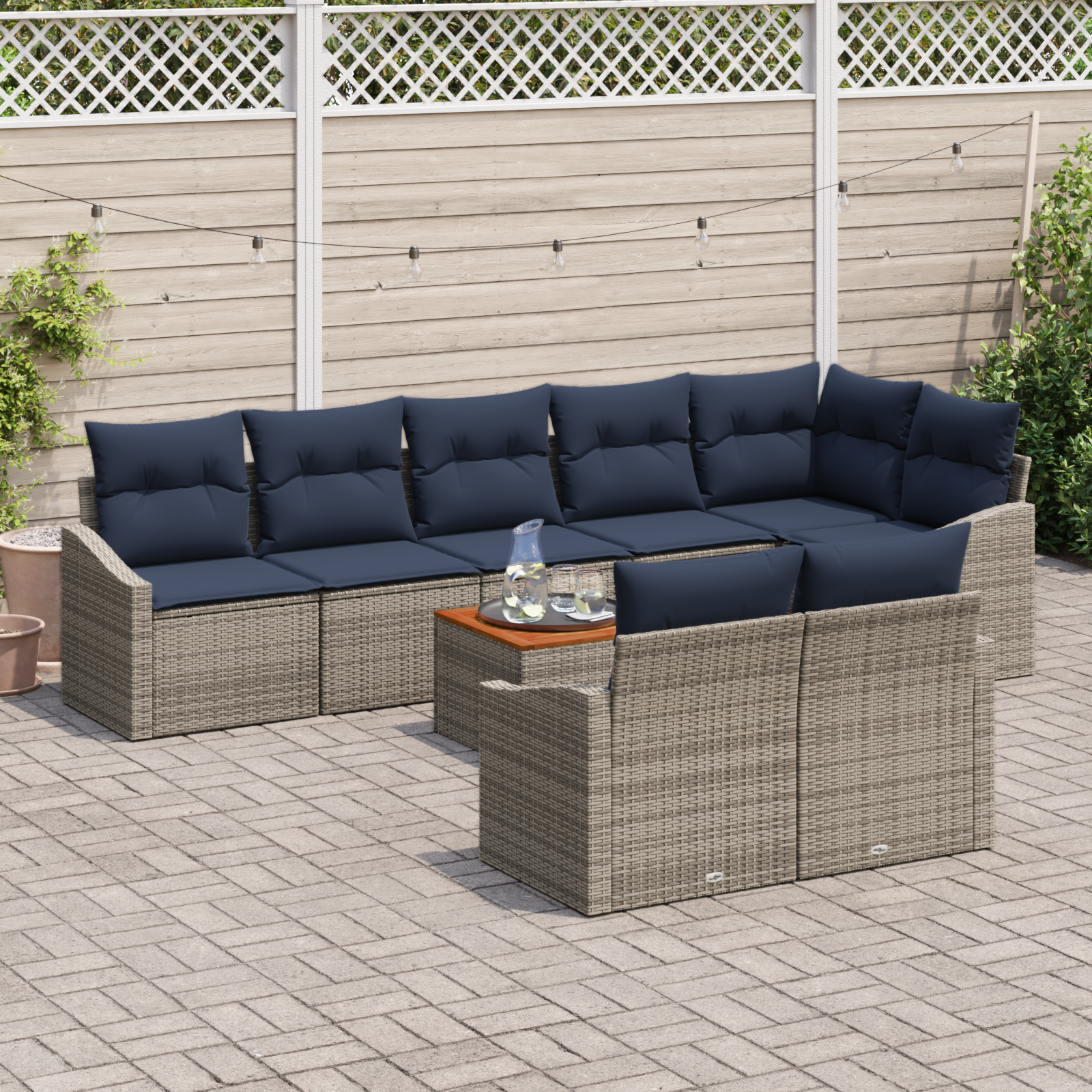 Tuinbankenset met opslag 9 pcs Grijs en Marineblauw poly rattan - Afbeelding 3