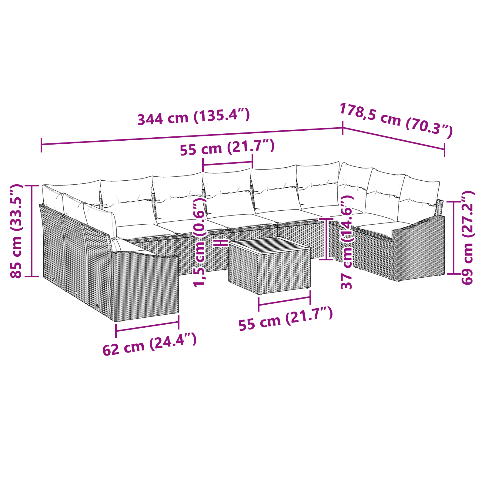 11 части градински диван комплект с възглавници Бежов Поли ратан Акация - Image 11