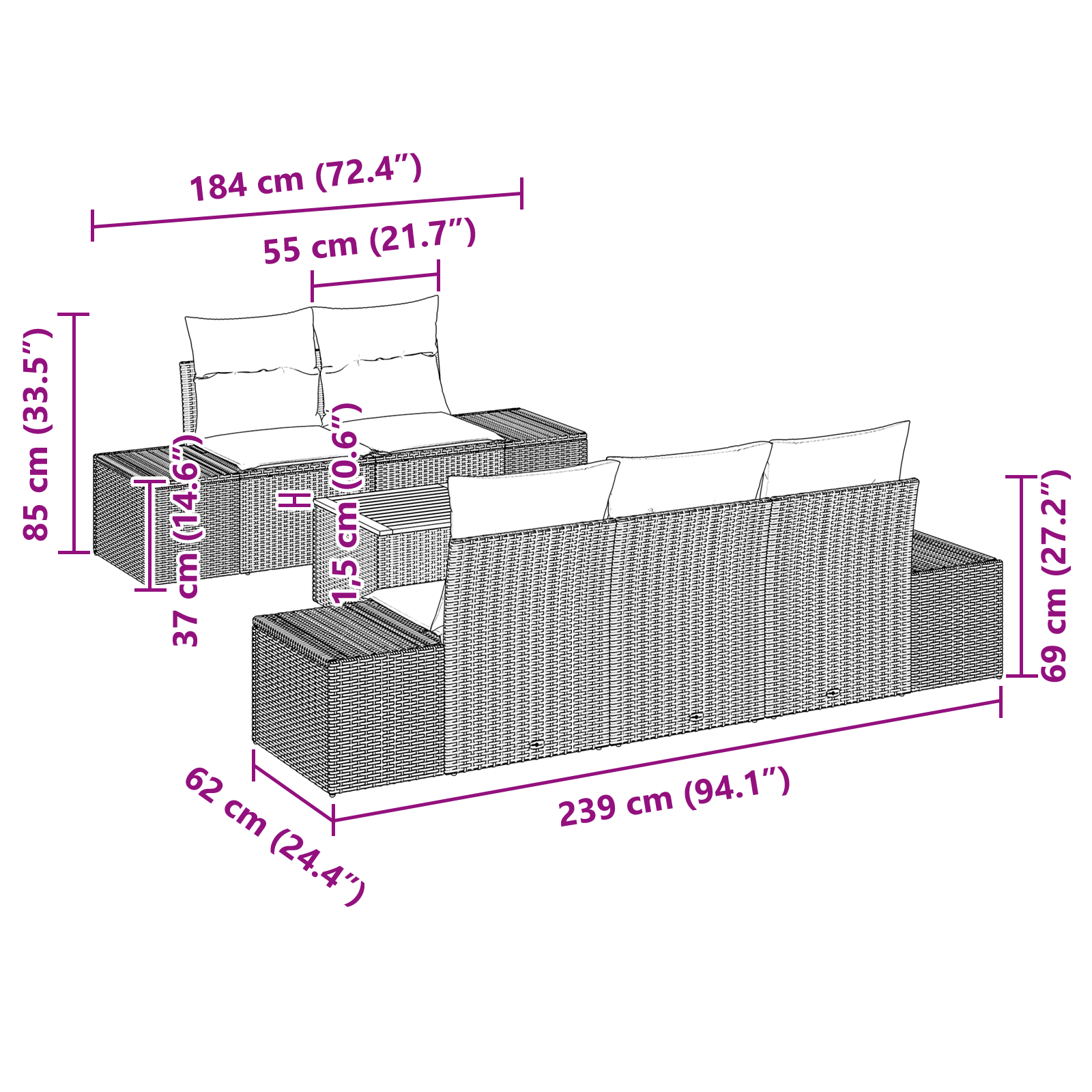 Комплект от 6 части градински диван с възглавници Сиво Полиратан Акация - Image 8