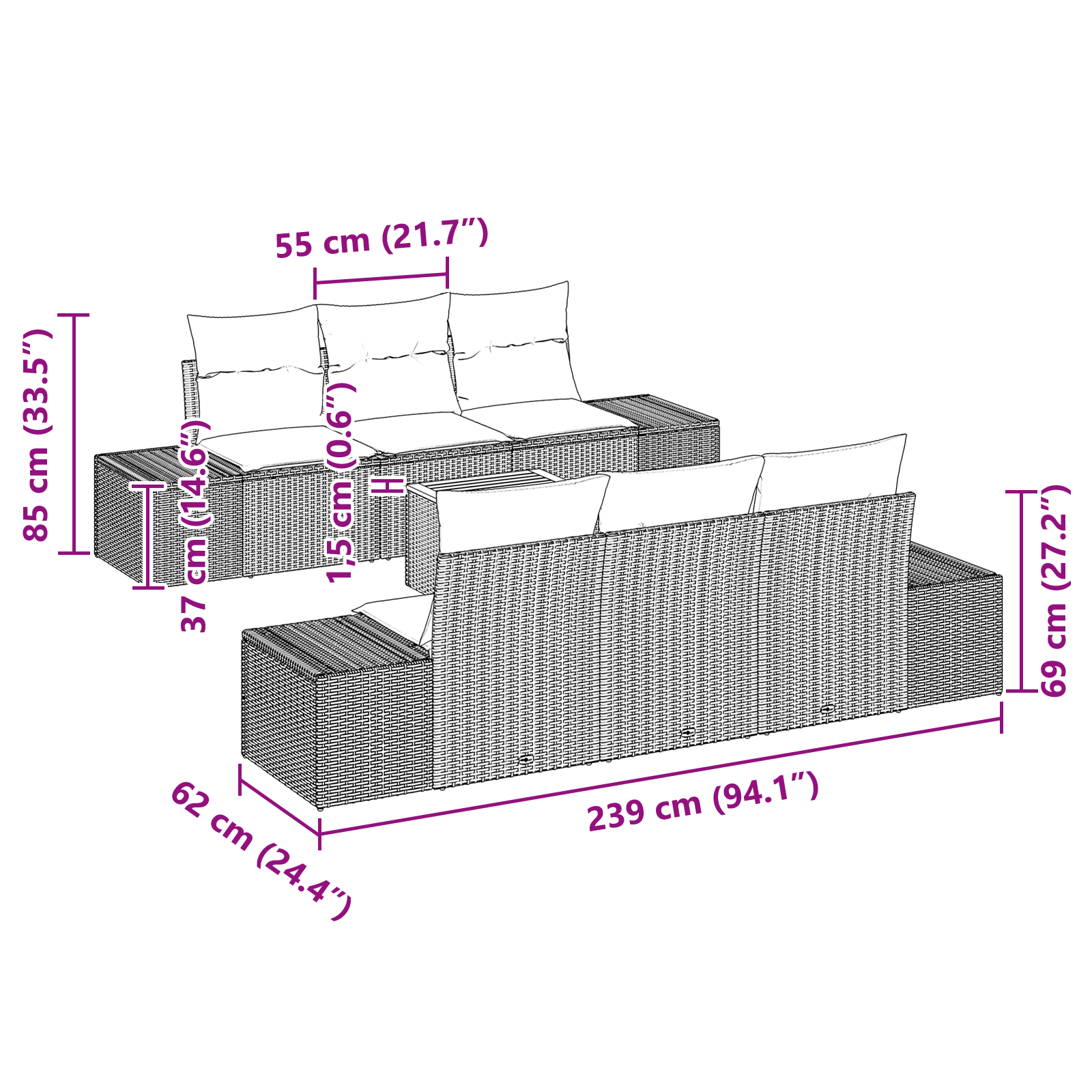 Комплект Градинска Софа от 7 Части с Възглавници Бежов Полиратан Акация - Image 10