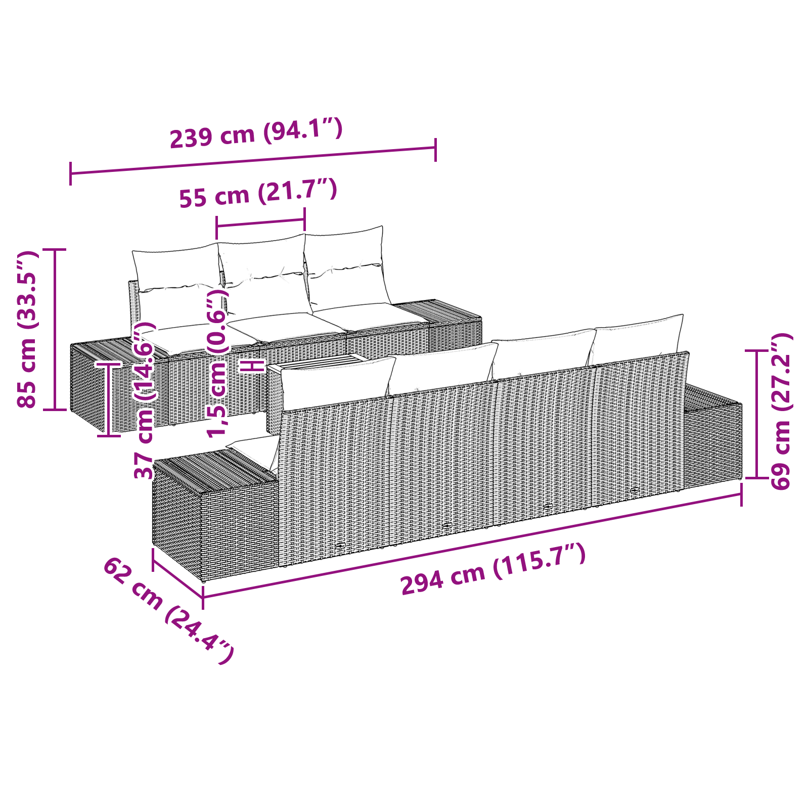 8-частов комплект за градински диван с възглавници Бежов Ратан Акация - Image 10