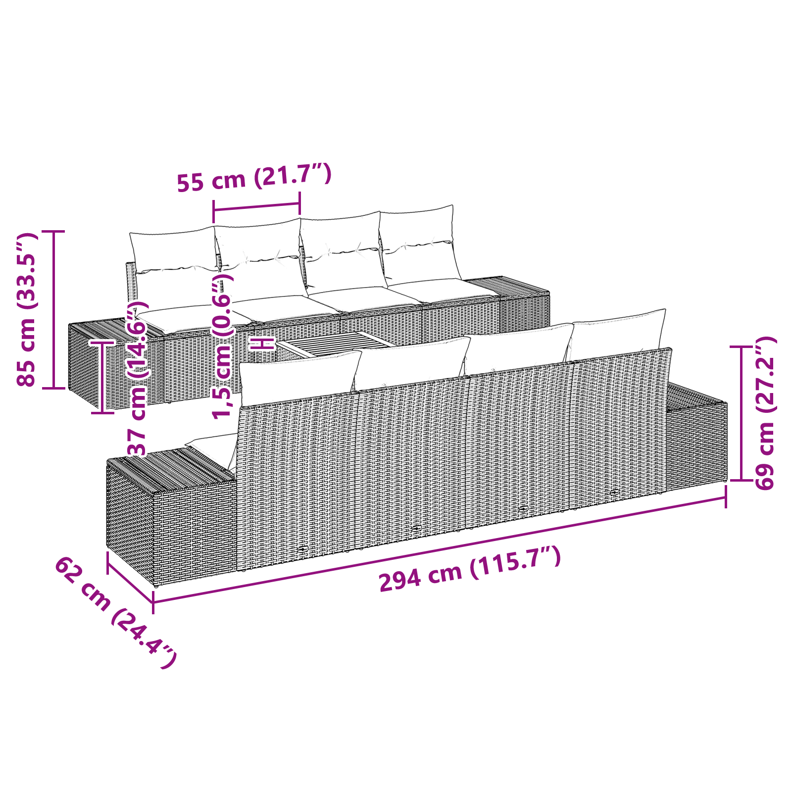 Комплект градински дивани с възглавници Черно Полиротан Акация - Image 8