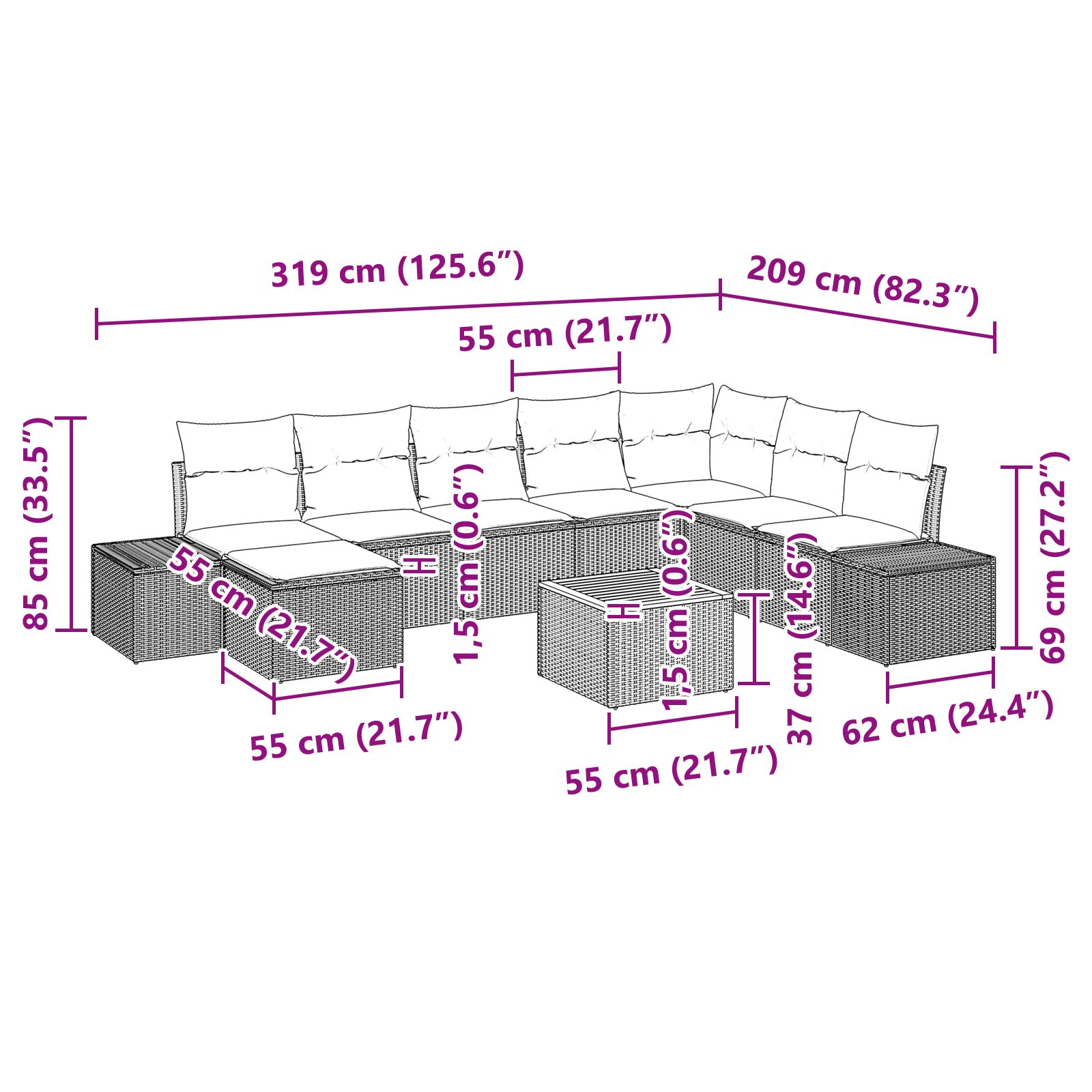 9 части комплект градински дивани с възглавници Бежов Полиратан Акация - Image 11