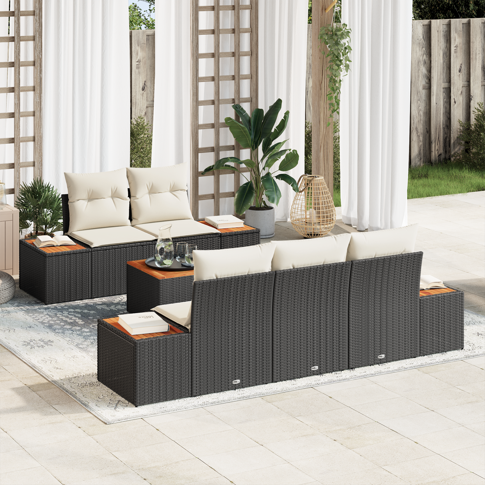 Conjunto de Sofás Jardim de 6 Peças com Almofadas Preto Vime Poliéster Acácia, Sofá Jardim de com Armazenamento & Almofadas Preto Vime Poliéster Conjunto de Sofás Jardim de 6 Peças com Almofadas Preto Vime Poliéster Acácia, Sofá Jardim de com Armazenamento & Almofadas Preto Vime Poliéster