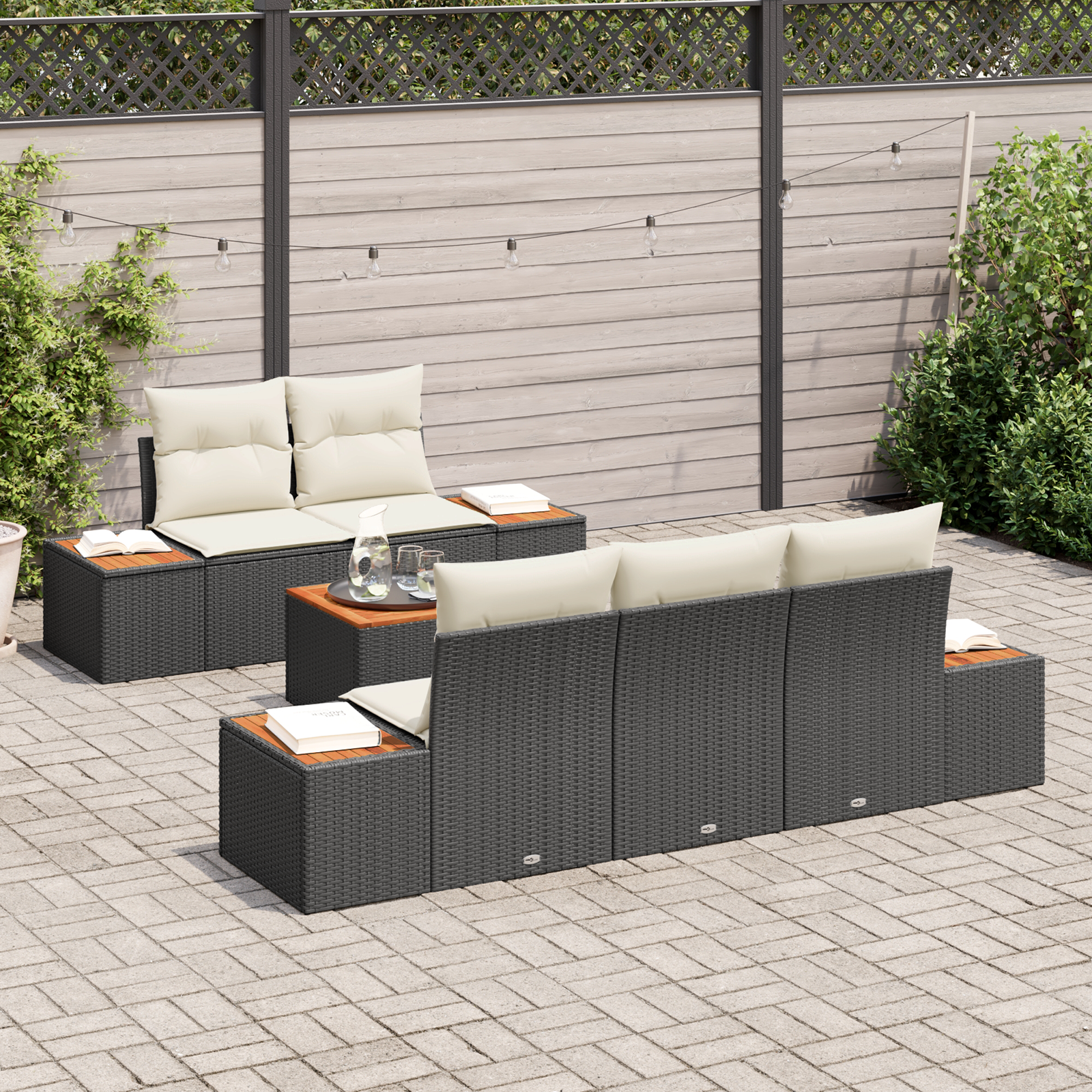 Conjunto de Sofás Jardim de 6 Peças com Almofadas Preto Vime Poliéster Acácia, Sofá Jardim de com Armazenamento & Almofadas Preto Vime Poliéster