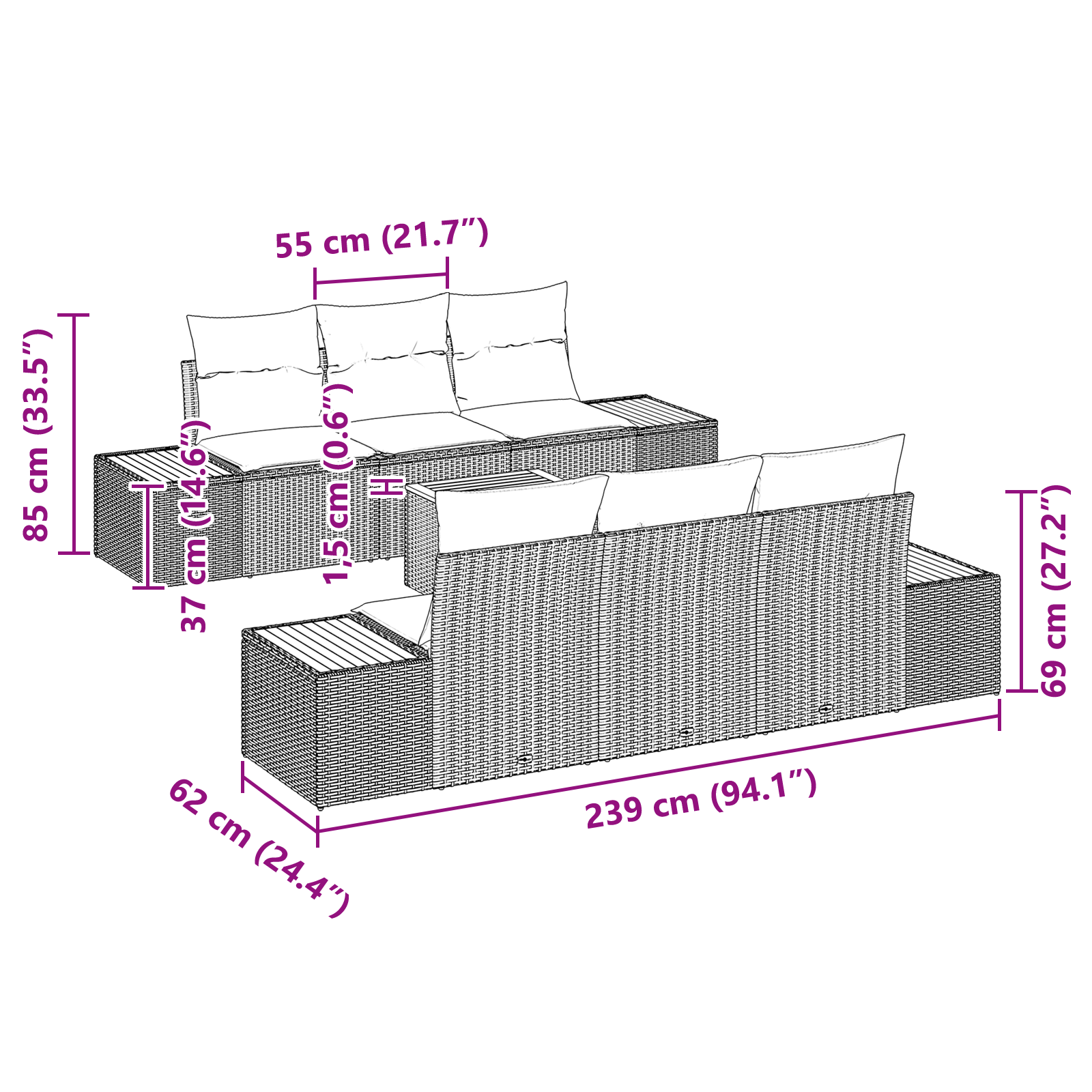7 частен градински диван комплект с възглавници бежов полиратан акация - Image 11