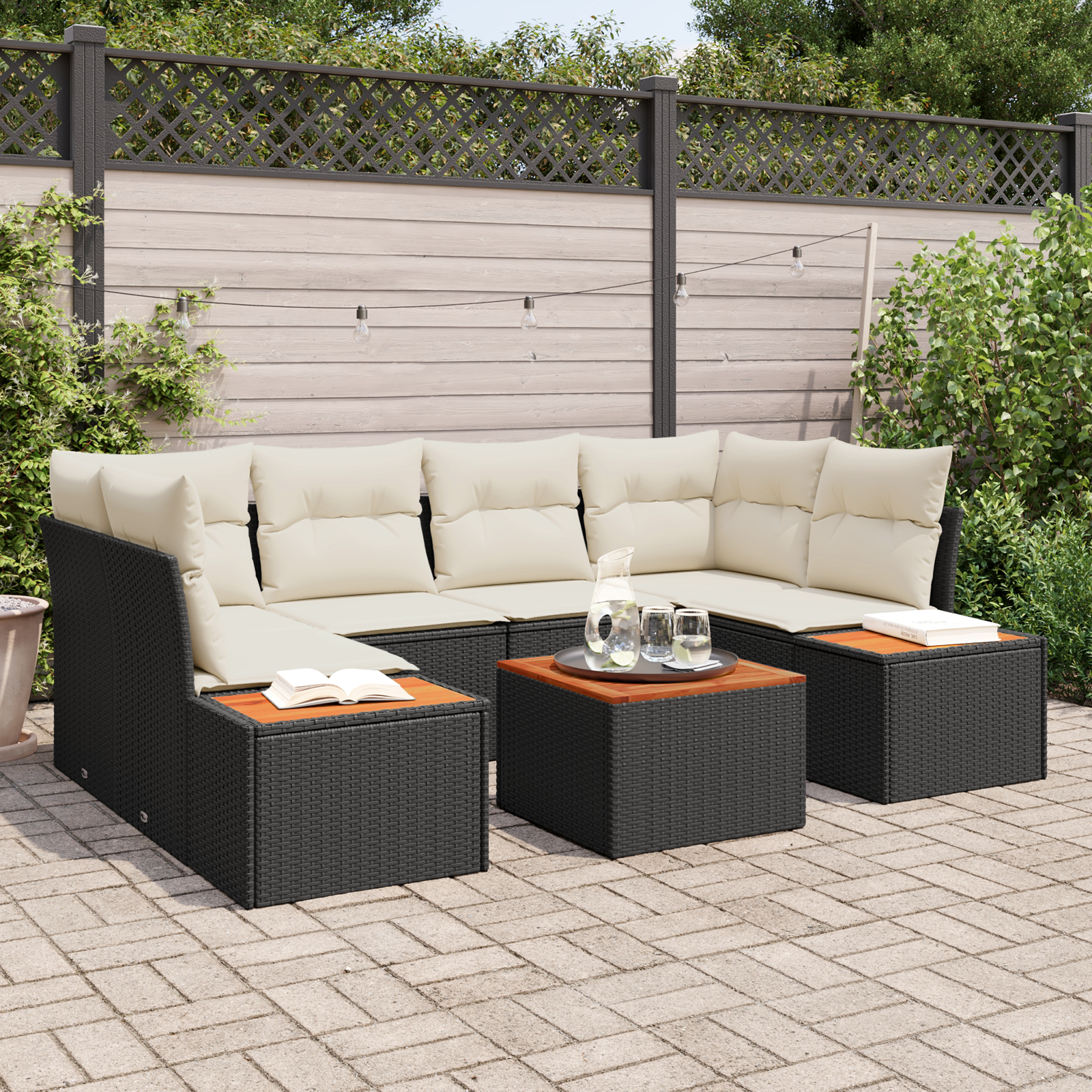Conjunto de Sofá de Jardim de 6 peças com Almofadas Preto Polyrattan Acácia, Sofá de Jardim de com Armazenamento & Almofadas Preto Polyrattan Conjunto de Sofá de Jardim de 6 peças com Almofadas Preto Polyrattan Acácia, Sofá de Jardim de com Armazenamento & Almofadas Preto Polyrattan