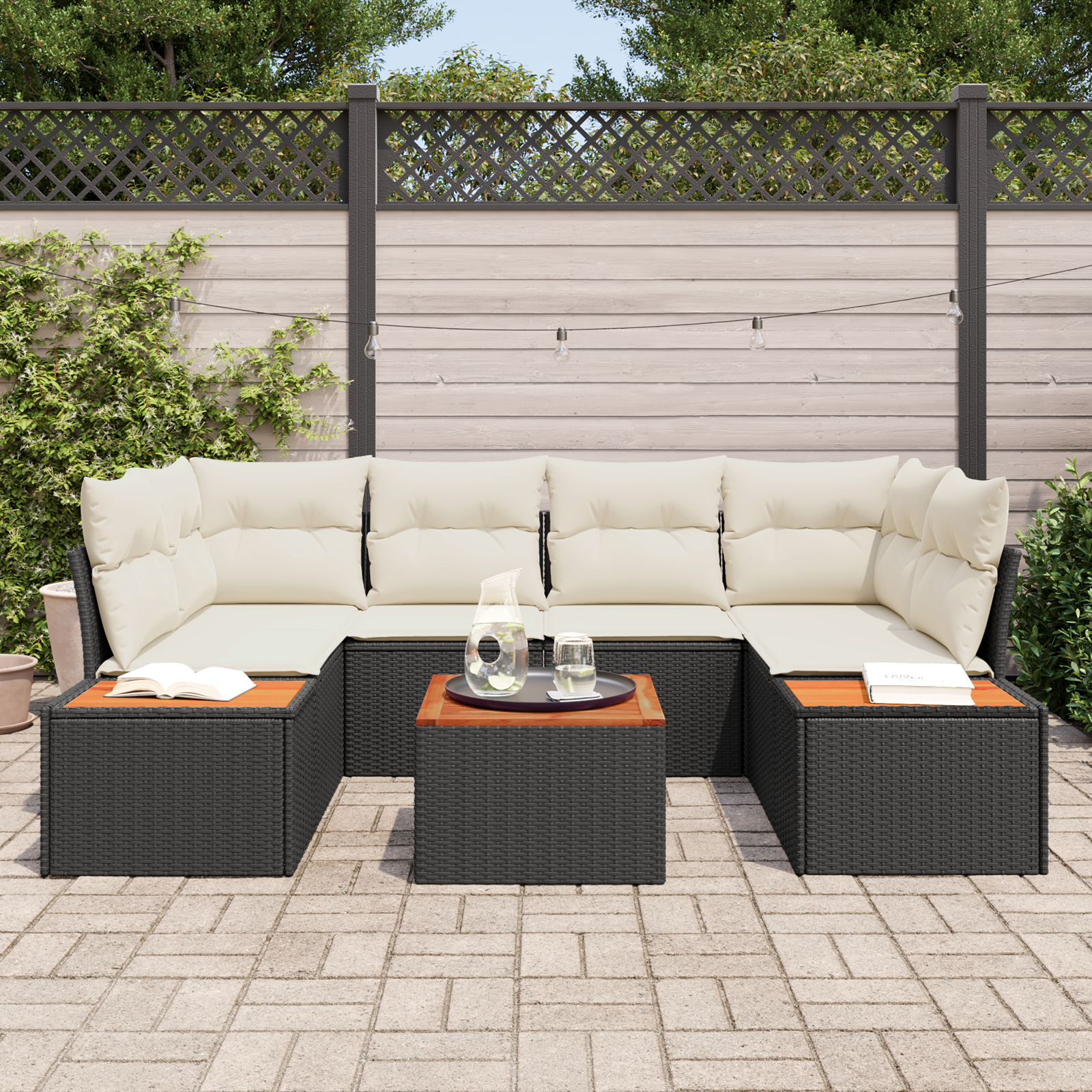 Conjunto de Sofá de Jardim de 6 peças com Almofadas Preto Polyrattan Acácia, Sofá de Jardim de com Armazenamento & Almofadas Preto Polyrattan