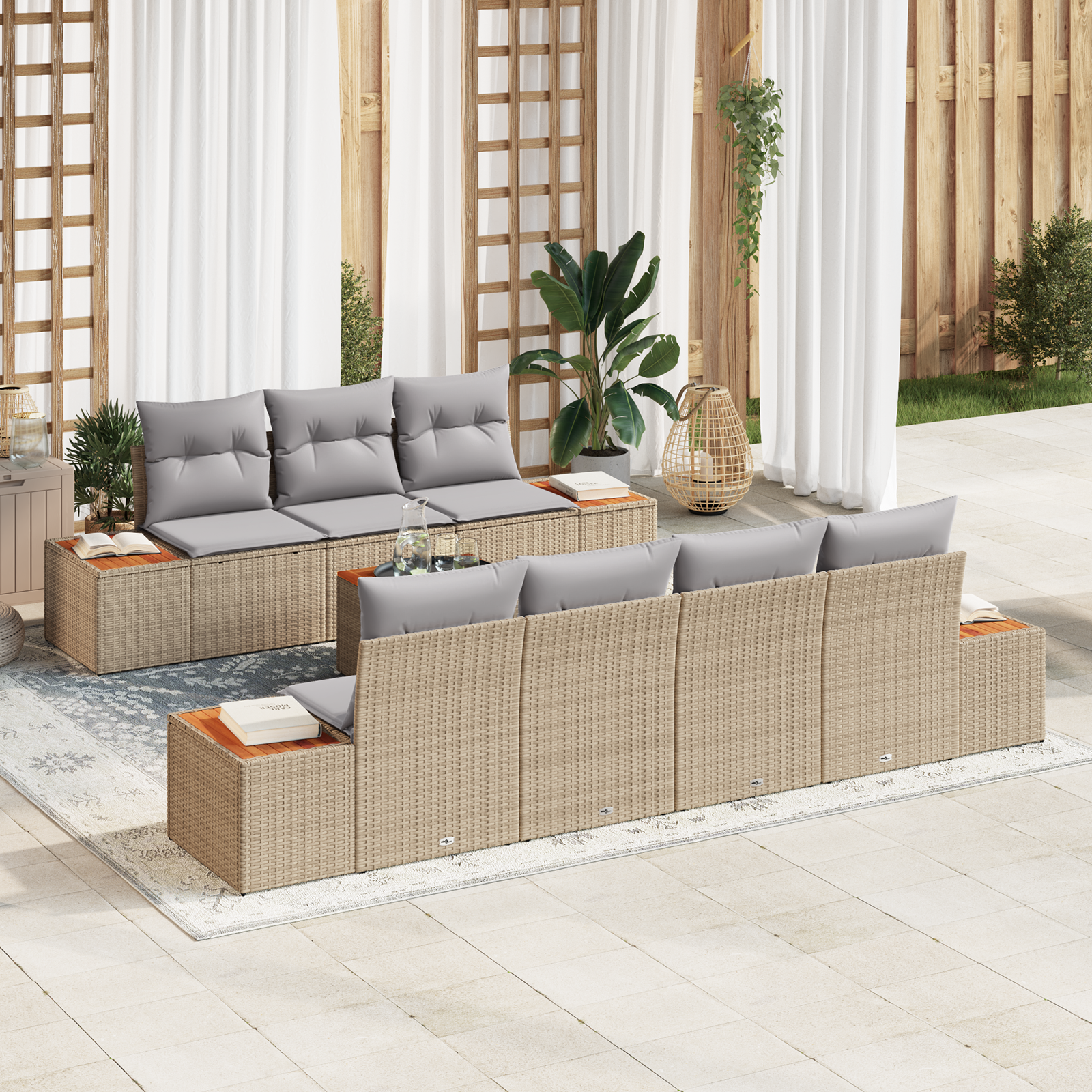 Conjunto de Sofá para Jardim com Almofadas Bege Rattan Acácia, Sofá para Jardim de com Armazenamento e Almofadas Bege Rattan Conjunto de Sofá para Jardim com Almofadas Bege Rattan Acácia, Sofá para Jardim de com Armazenamento e Almofadas Bege Rattan