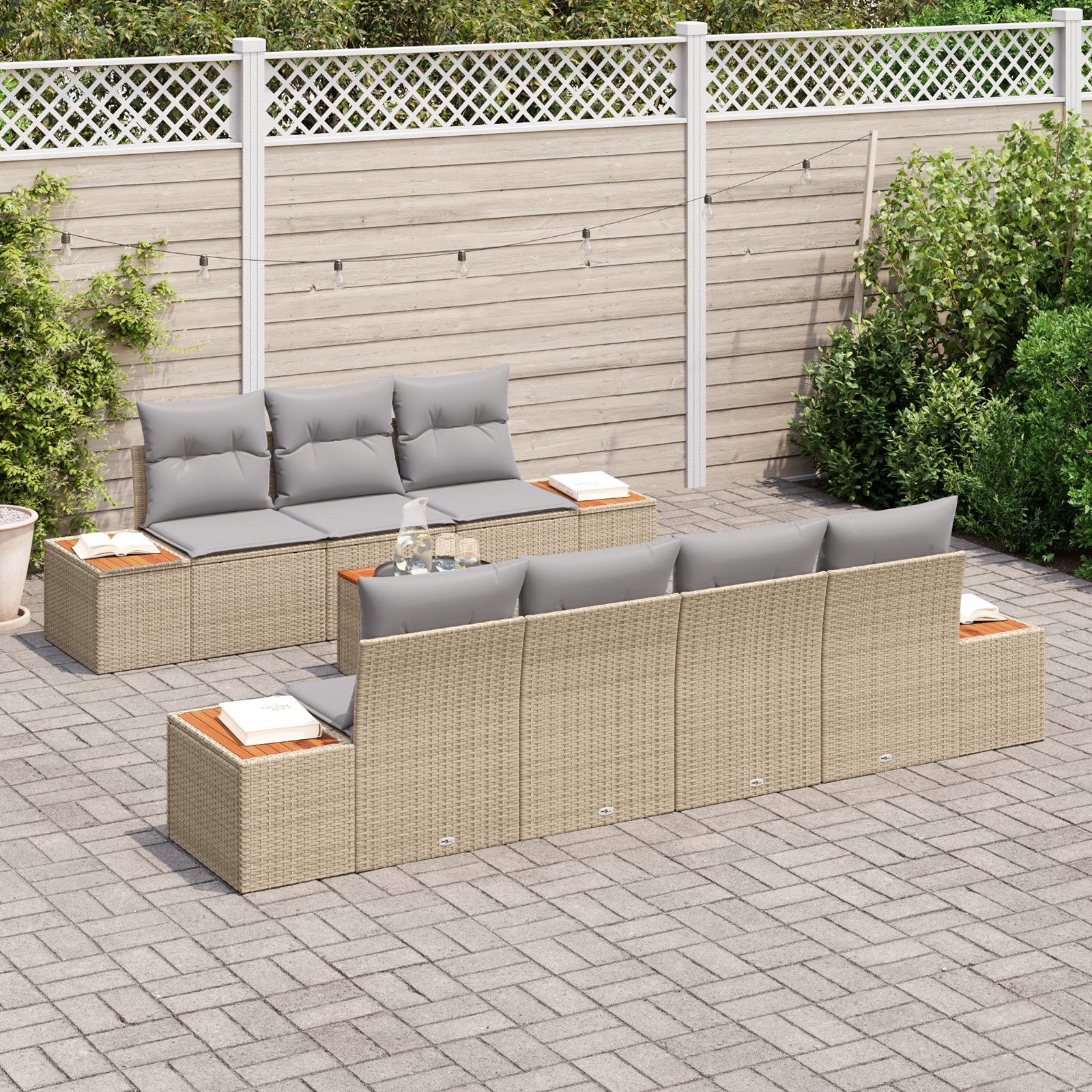 Conjunto de Sofá para Jardim com Almofadas Bege Rattan Acácia, Sofá para Jardim de com Armazenamento e Almofadas Bege Rattan