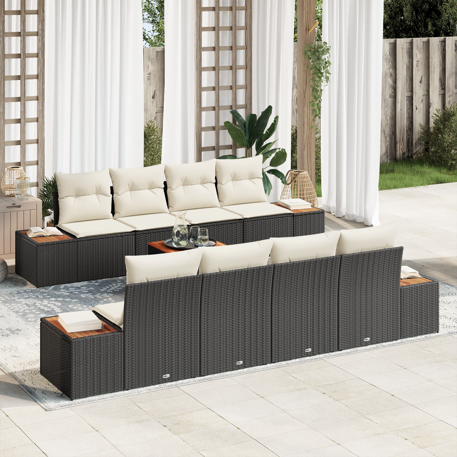 Conjunto de Sofás de Jardim 9 Peças com Almofadas Preto Rattan Poliéster Acácia, Sofá de Jardim com Armazenamento e Almofadas Preto Rattan Poliéster Conjunto de Sofás de Jardim 9 Peças com Almofadas Preto Rattan Poliéster Acácia, Sofá de Jardim com Armazenamento e Almofadas Preto Rattan Poliéster