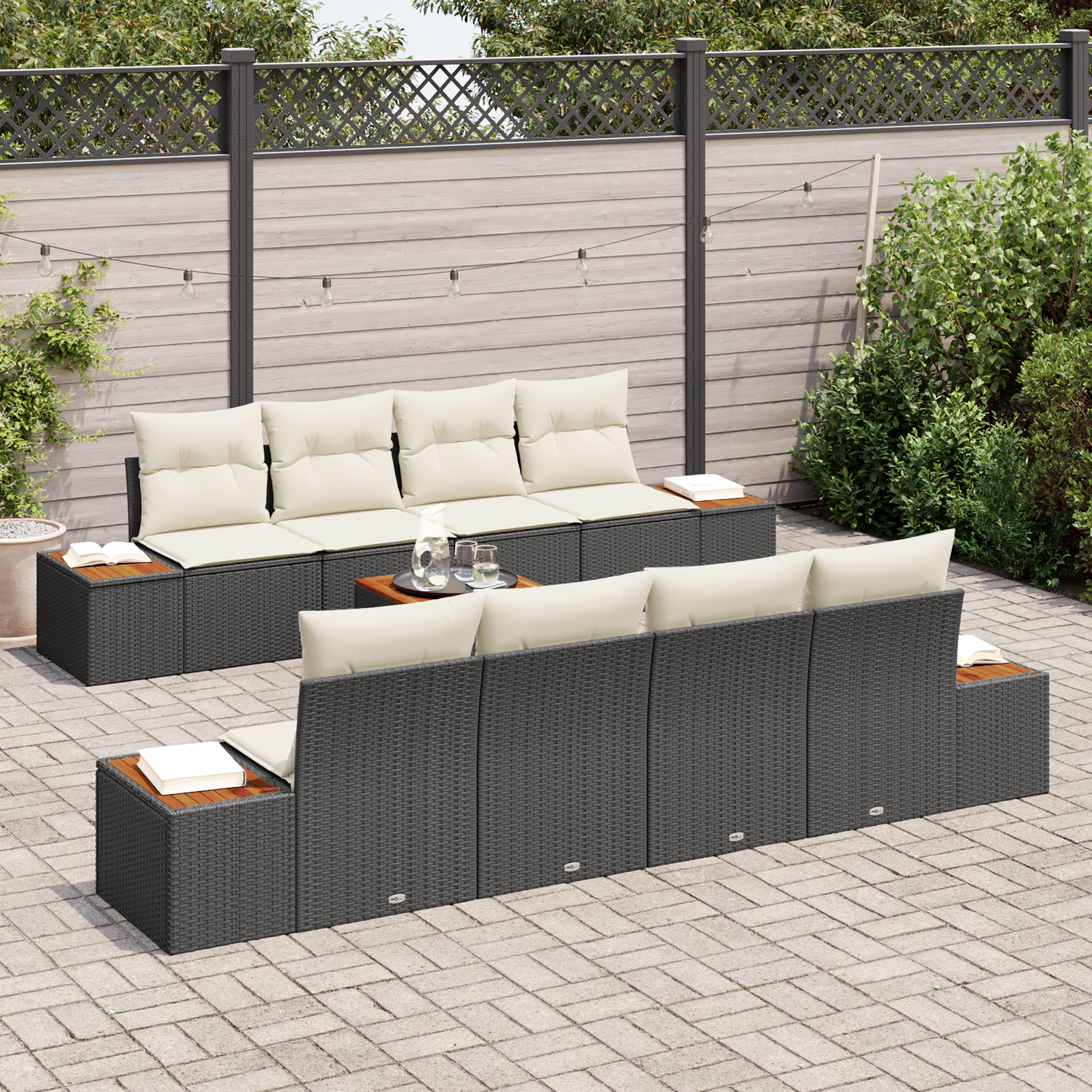 Conjunto de Sofás de Jardim 9 Peças com Almofadas Preto Rattan Poliéster Acácia, Sofá de Jardim com Armazenamento e Almofadas Preto Rattan Poliéster