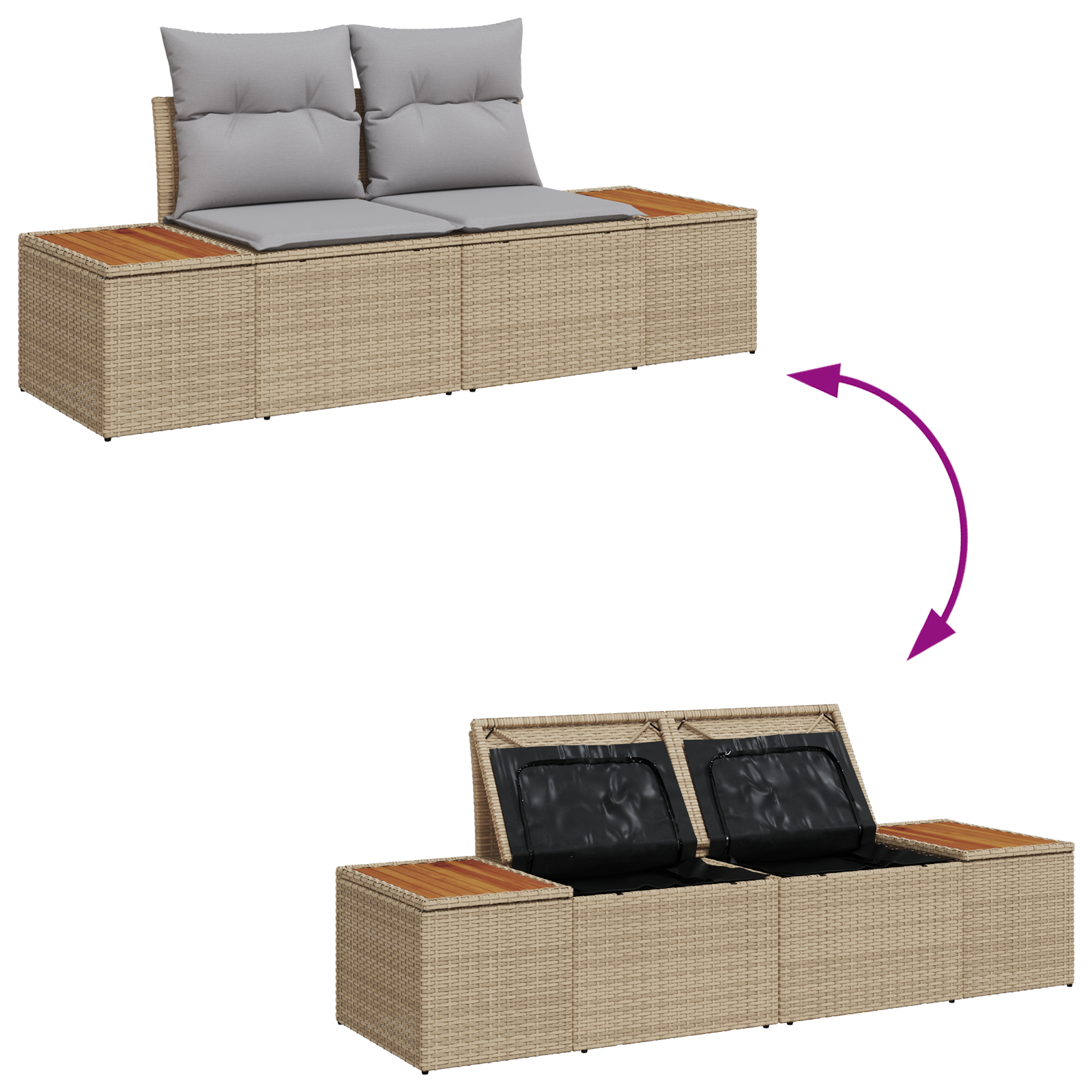 Conjunto de Sofás de Jardim com Almofadas Bege Polirattan Acácia, Sofá de Jardim para com Armazenamento e Almofadas Bege Polirattan