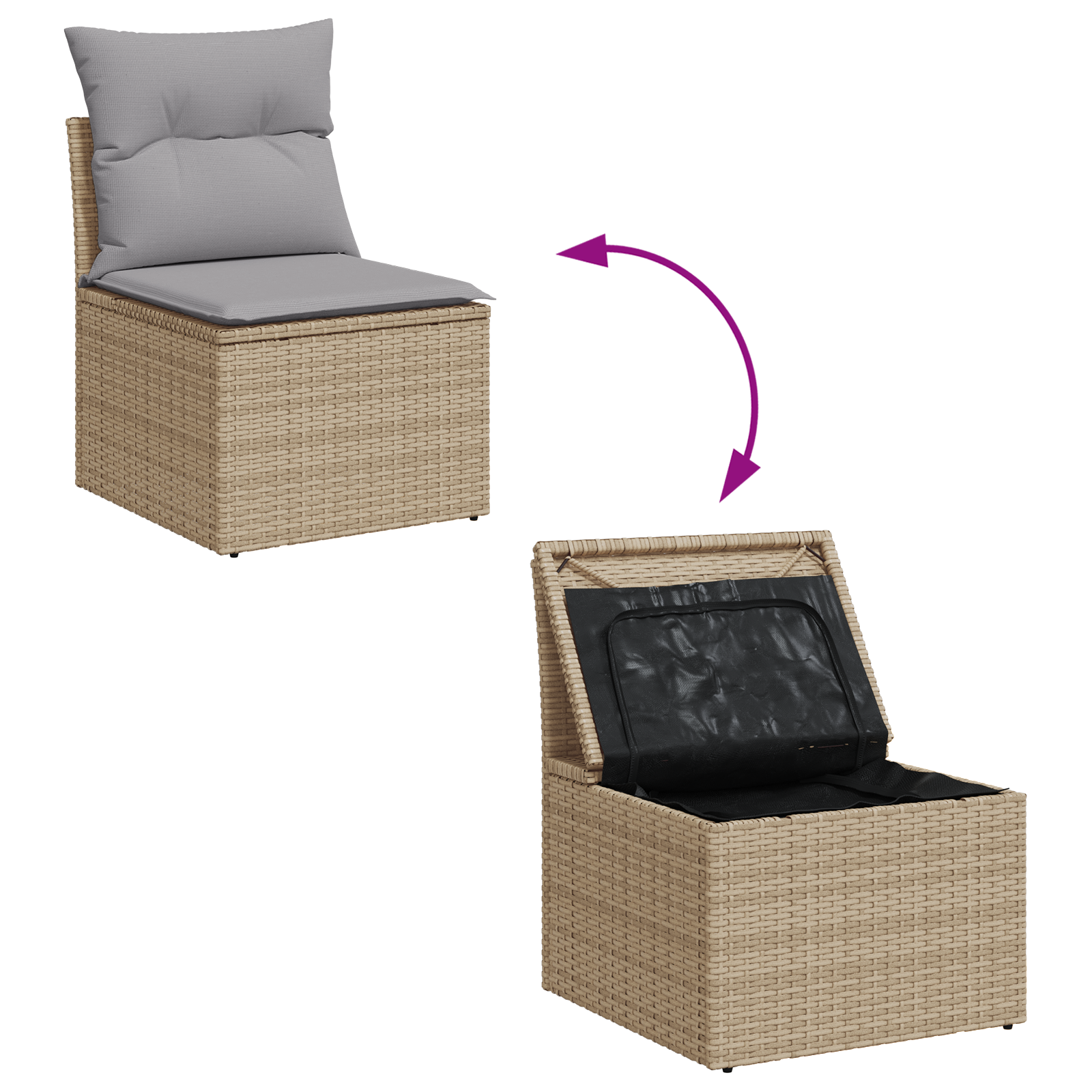 Conjunto de Sofás de Jardim com Almofadas Bege Polirattan Acácia, Sofá de Jardim para com Armazenamento e Almofadas Bege Polirattan