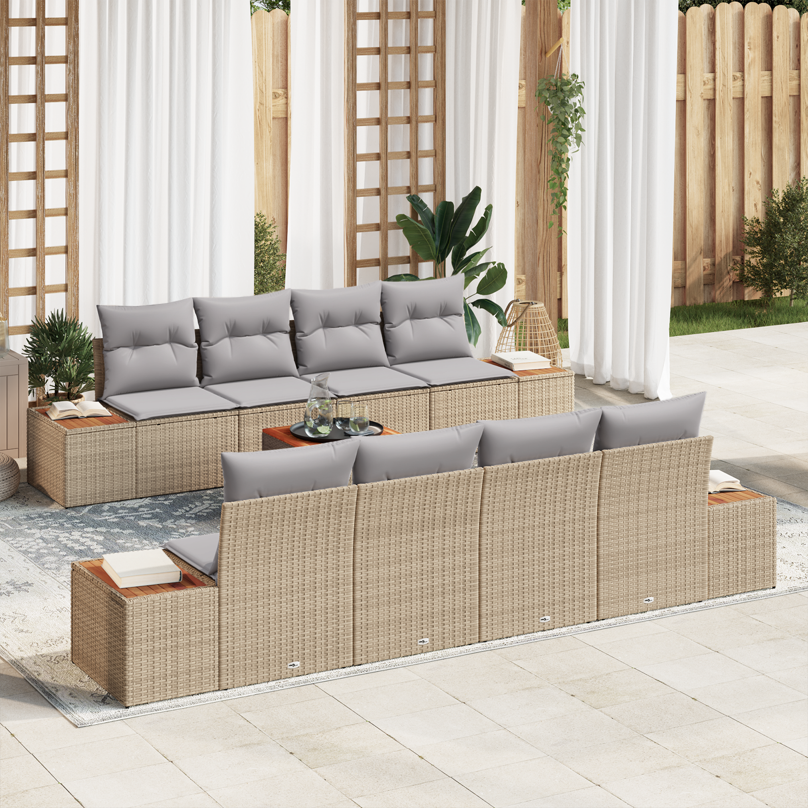 Conjunto de Sofás de Jardim com Almofadas Bege Polirattan Acácia, Sofá de Jardim para com Armazenamento e Almofadas Bege Polirattan Conjunto de Sofás de Jardim com Almofadas Bege Polirattan Acácia, Sofá de Jardim para com Armazenamento e Almofadas Bege Polirattan