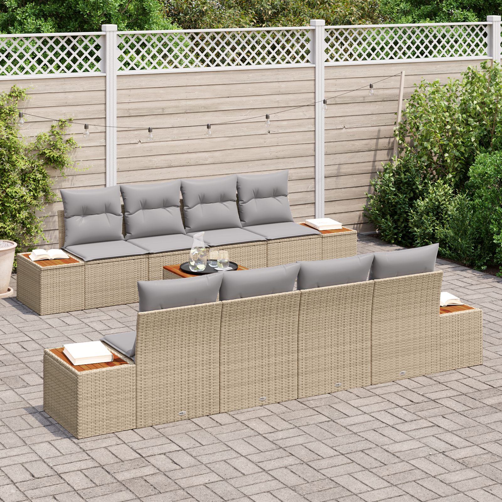 Conjunto de Sofás de Jardim com Almofadas Bege Polirattan Acácia, Sofá de Jardim para com Armazenamento e Almofadas Bege Polirattan