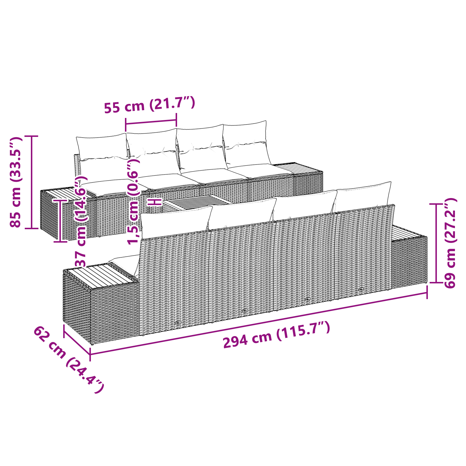 Conjunto de Sofás de Jardim com Almofadas Bege Polirattan Acácia, Sofá de Jardim para com Armazenamento e Almofadas Bege Polirattan