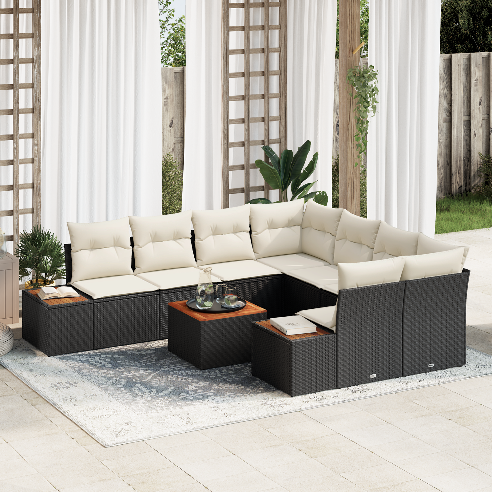 Conjunto de Sofá de Jardim de 9 Peças com Almofadas em Preto Rattan Poliéster Acácia, Sofá de Jardim de com Armazenamento e Almofadas Preto Rattan Poliéster Conjunto de Sofá de Jardim de 9 Peças com Almofadas em Preto Rattan Poliéster Acácia, Sofá de Jardim de com Armazenamento e Almofadas Preto Rattan Poliéster
