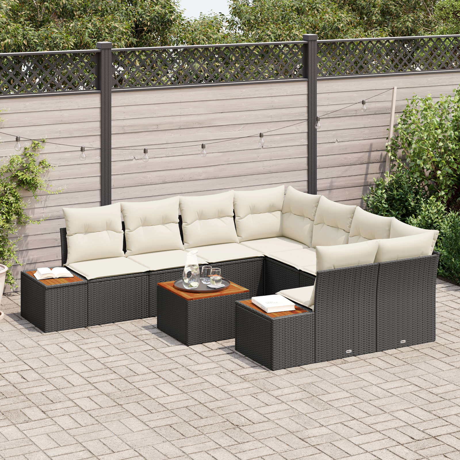Conjunto de Sofá de Jardim de 9 Peças com Almofadas em Preto Rattan Poliéster Acácia, Sofá de Jardim de com Armazenamento e Almofadas Preto Rattan Poliéster