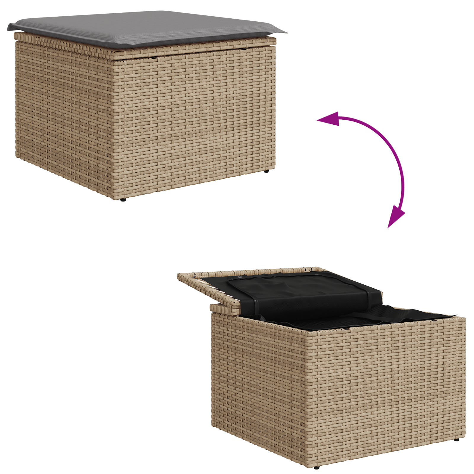 Conjunto de Sofá de Jardim de 5 Peças com Almofadas Bege Rattan Poly Acácia, Sofá de Jardim de com Armazenamento e Almofadas Bege Rattan Poly