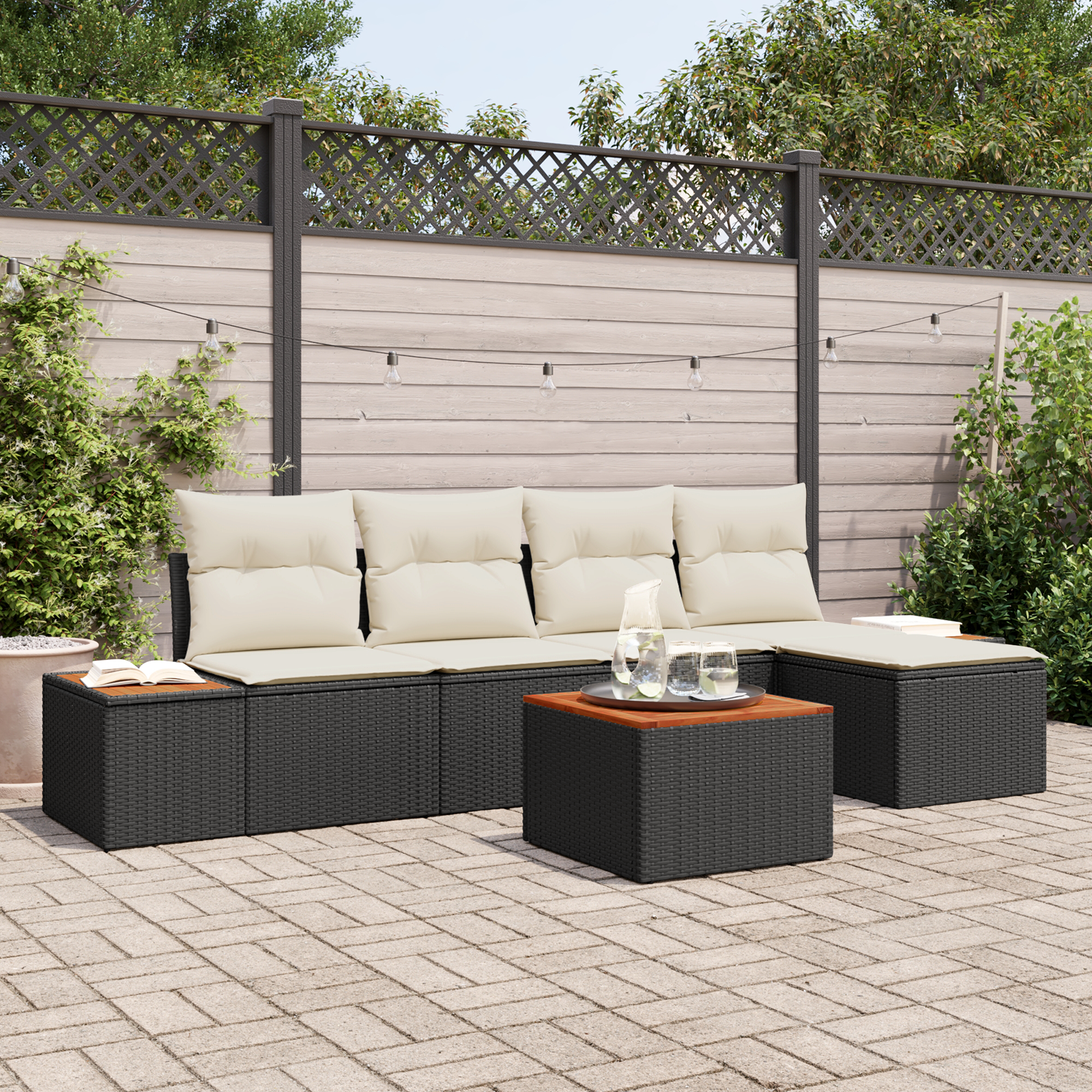 Conjunto de Sofá de Jardim de 6 Peças com Almofadas Preto Vime Sintético Madeira de Acácia, Sofá de Jardim de da com Armazenamento e Almofadas Preto Vime Sintético Conjunto de Sofá de Jardim de 6 Peças com Almofadas Preto Vime Sintético Madeira de Acácia, Sofá de Jardim de da com Armazenamento e Almofadas Preto Vime Sintético