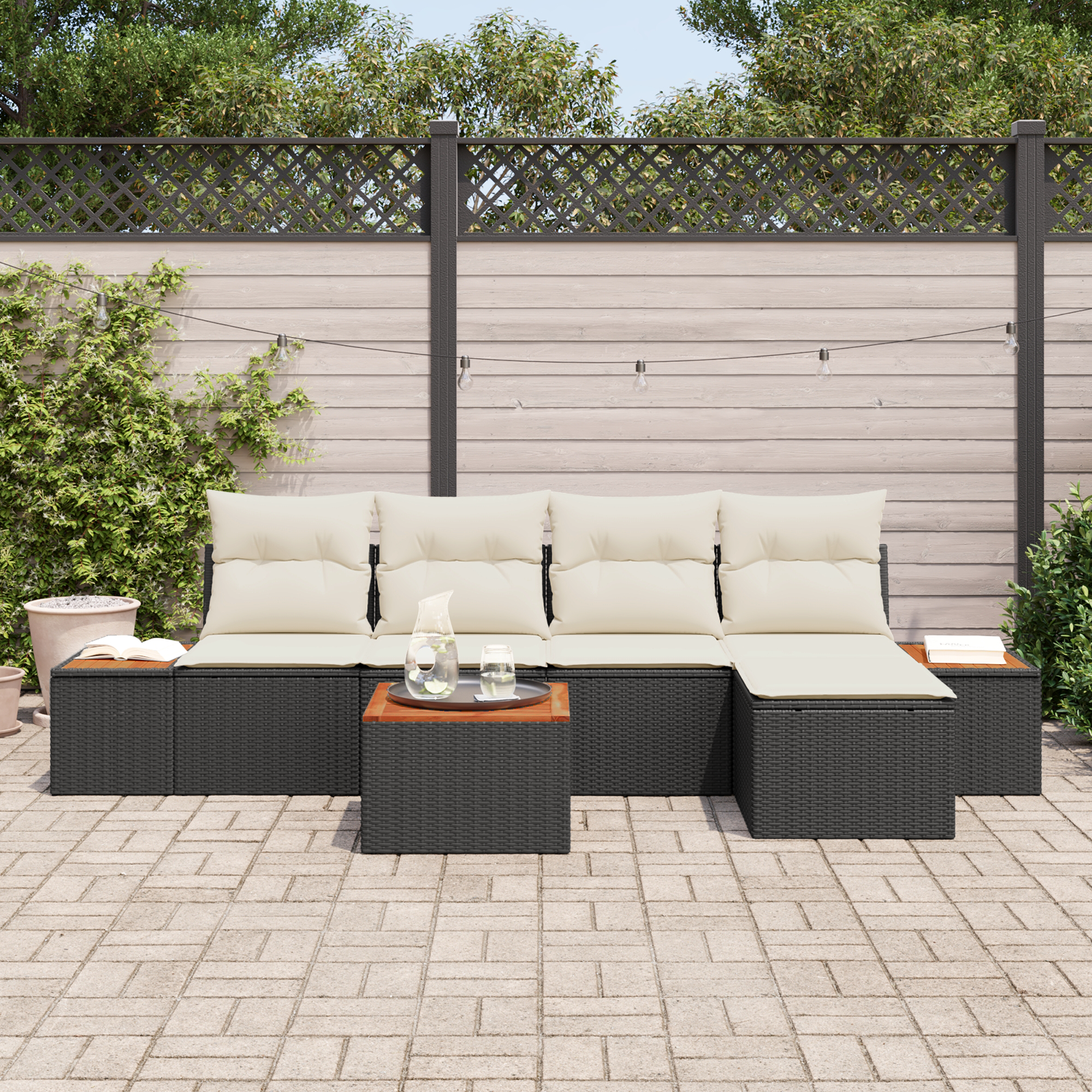 Conjunto de Sofá de Jardim de 6 Peças com Almofadas Preto Vime Sintético Madeira de Acácia, Sofá de Jardim de da com Armazenamento e Almofadas Preto Vime Sintético