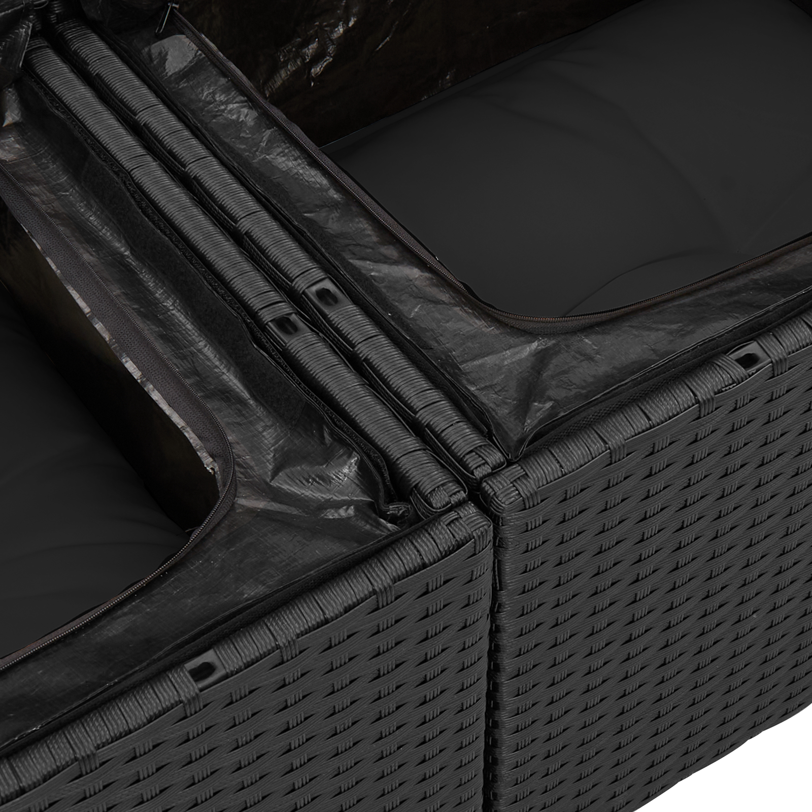 Conjunto de Sofá de Jardim 4 Peças com Almofadas Preto Polirattan Acácia, Sofá de Jardim com Armazenamento e Almofadas Preto Polirattan