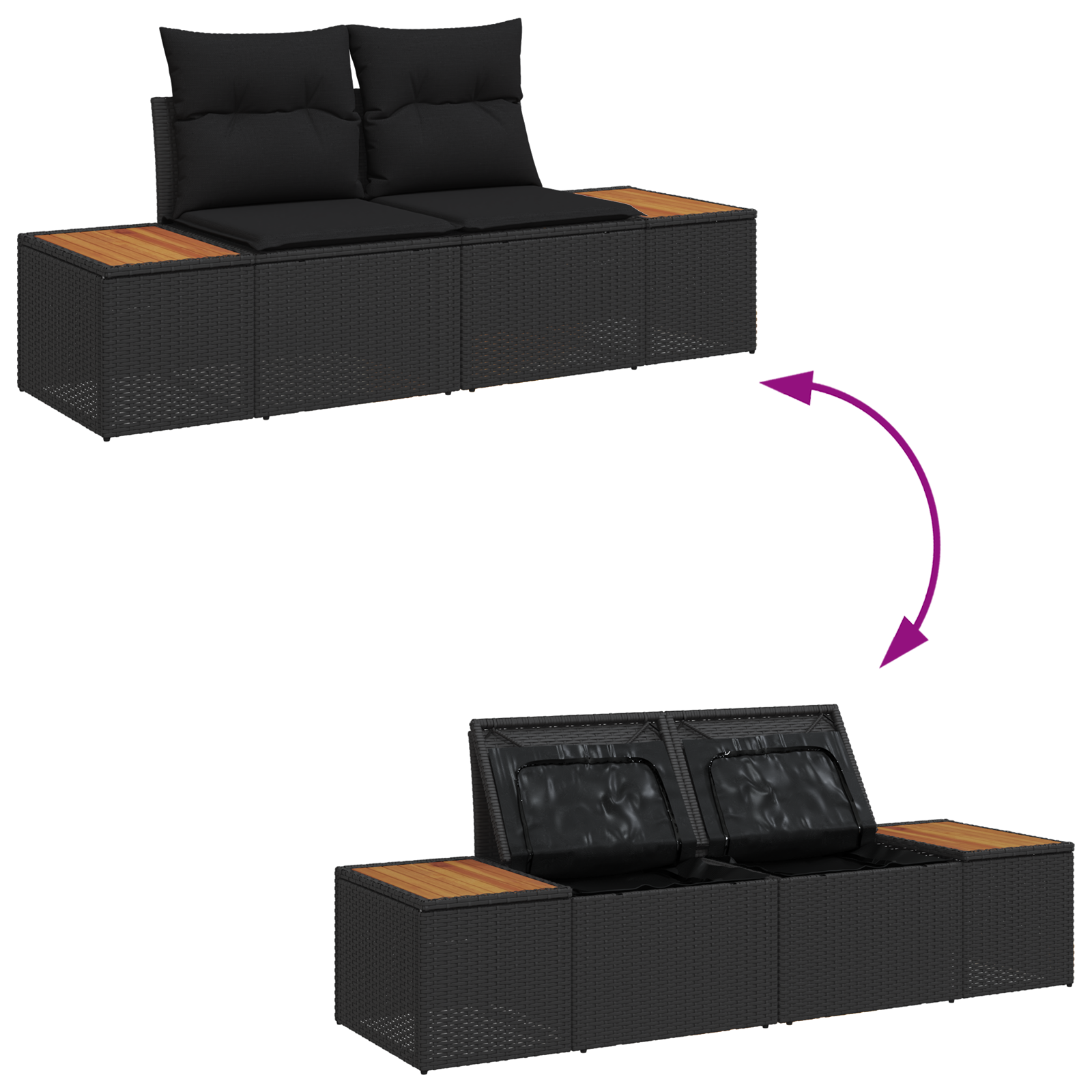 Conjunto de Sofá de Jardim 4 Peças com Almofadas Preto Polirattan Acácia, Sofá de Jardim com Armazenamento e Almofadas Preto Polirattan