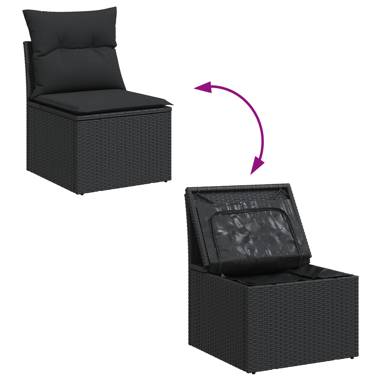 Conjunto de Sofá de Jardim 4 Peças com Almofadas Preto Polirattan Acácia, Sofá de Jardim com Armazenamento e Almofadas Preto Polirattan
