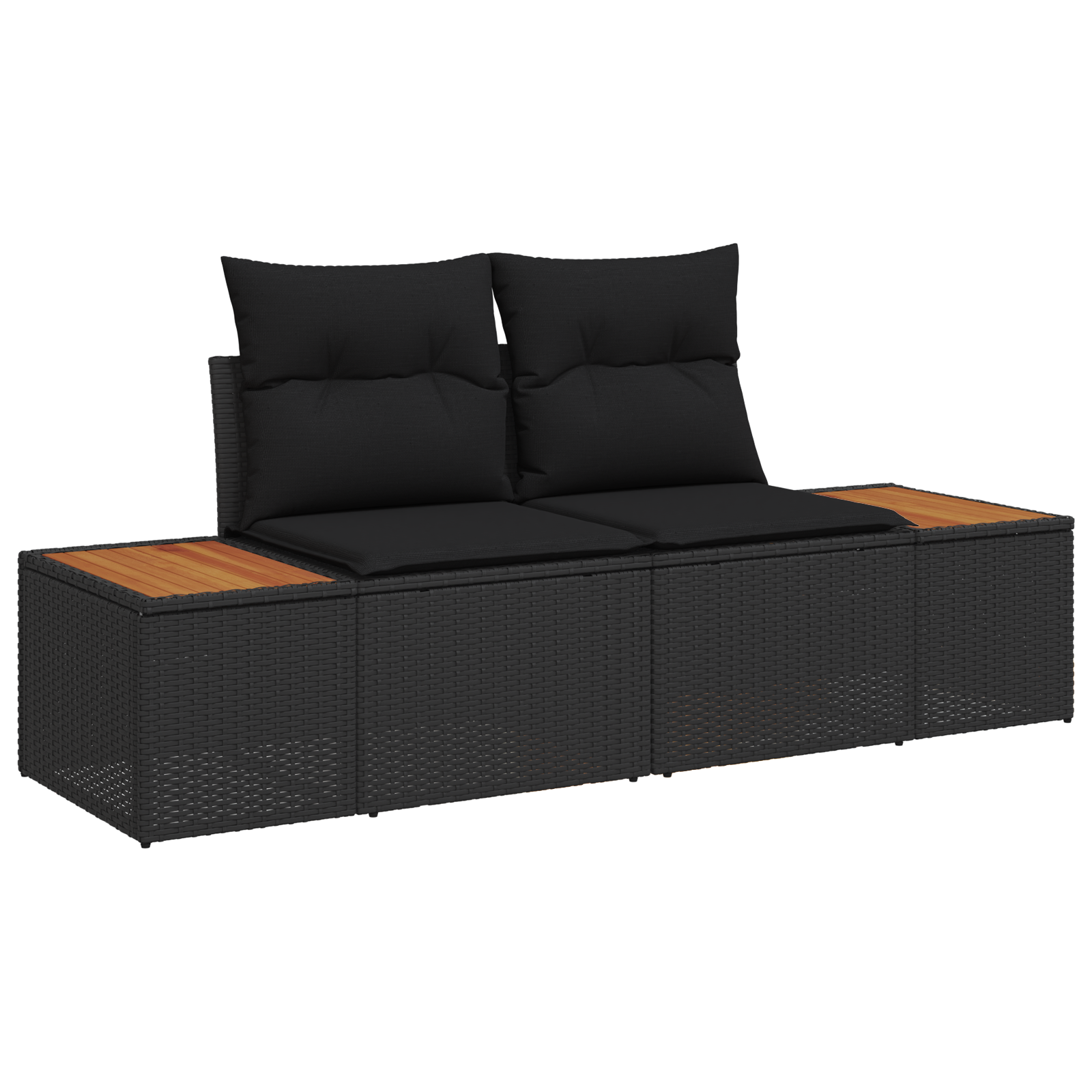 Conjunto de Sofá de Jardim 4 Peças com Almofadas Preto Polirattan Acácia, Sofá de Jardim com Armazenamento e Almofadas Preto Polirattan